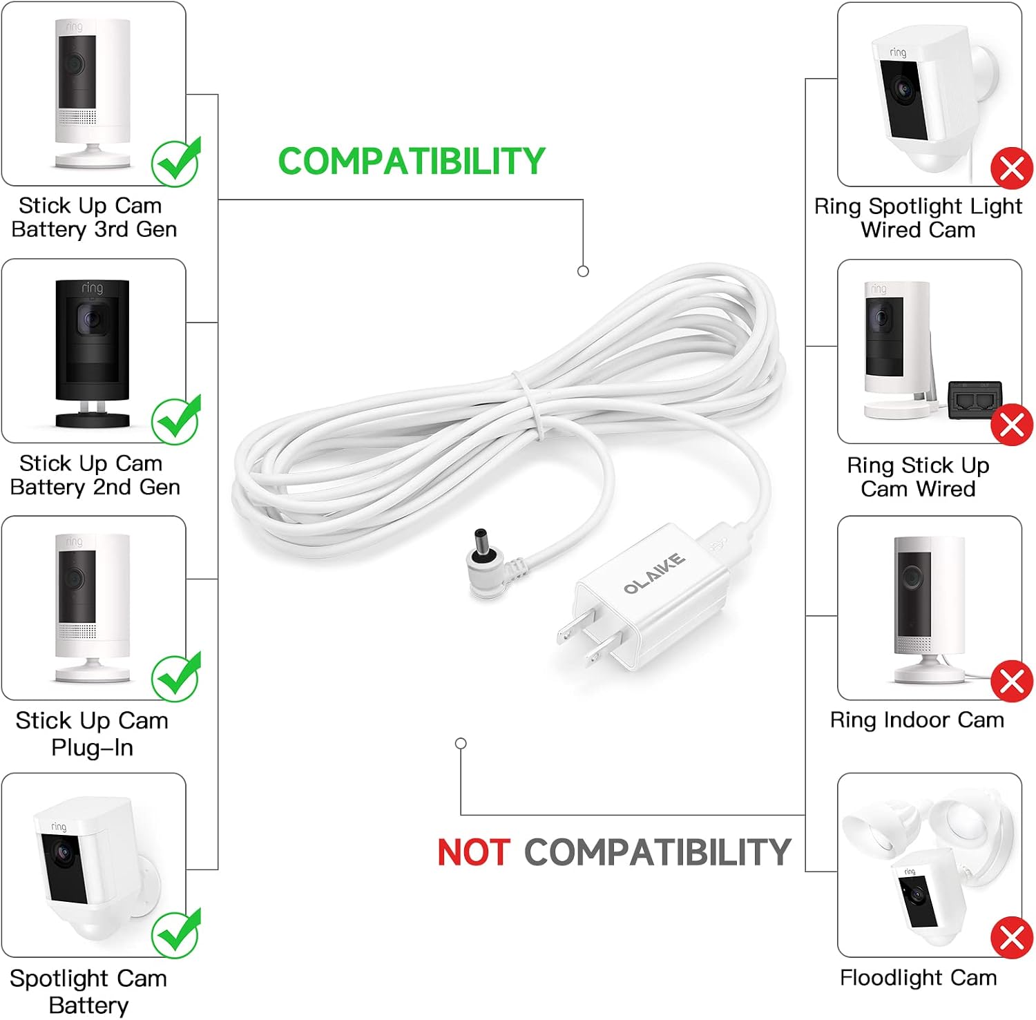 OLAIKE 26ft/8 m Charge Cable with DC Power Adapter (3-Pack) Compatible with Stick Up Cam Battery 2nd Gen & Spotlight Cam Battery,Weatherproof Outdoor Cable to Continuously Charge Your Camera,White