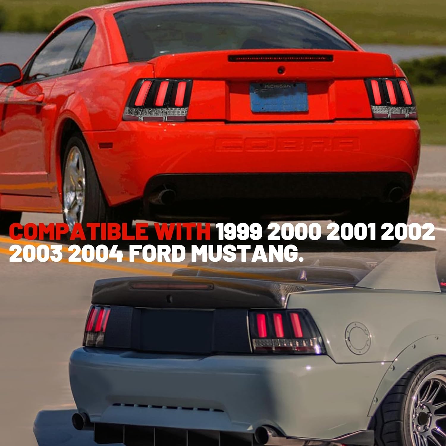 Tail Light Compatible With 1999-2004 Ford Mustang, Smoke Black Sequential LED Bar Taillights, Left and Right Pair Assembly