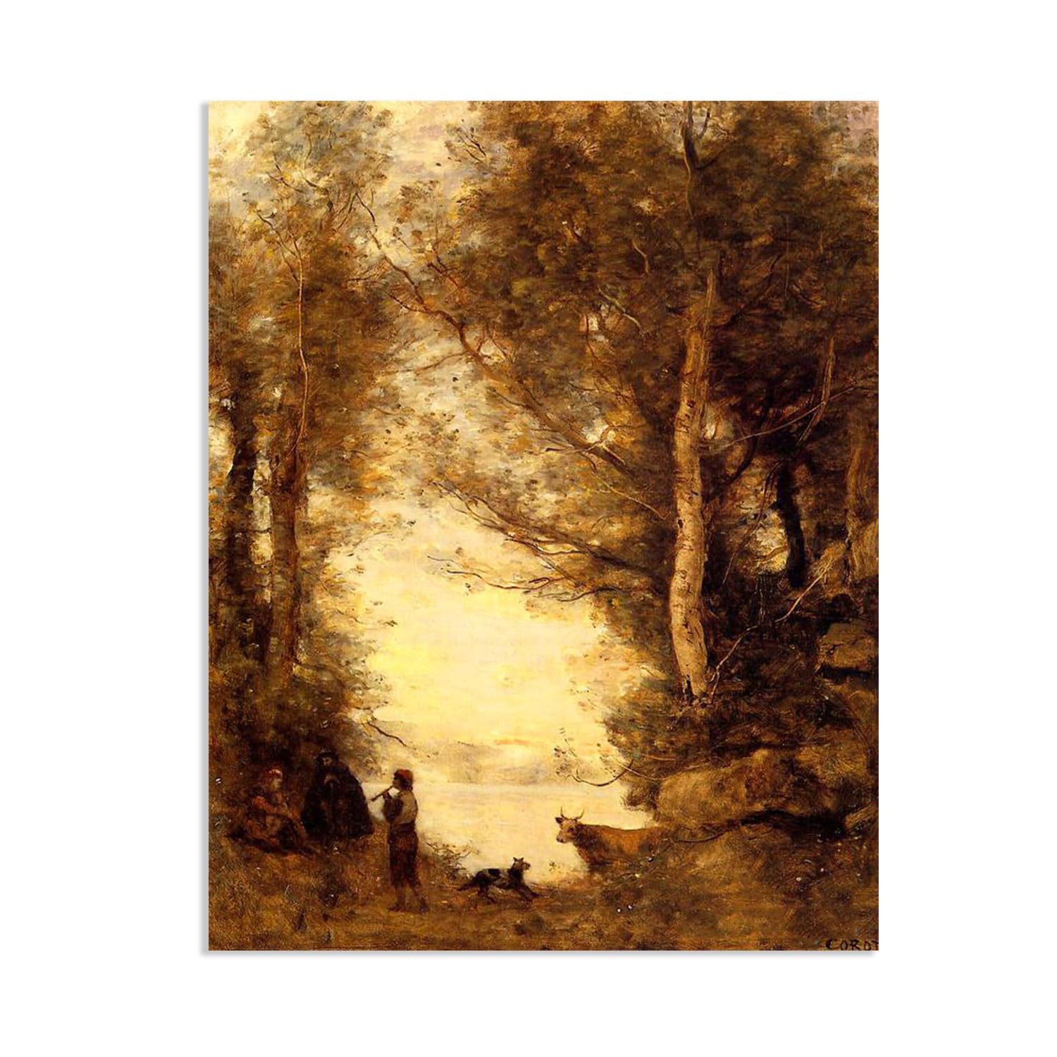 Hau3sh3a Jean Baptiste Camille Corot Wall Art Flute Player at Lake Albano Famous Nature Painting Print Giclee Canvas Wall Decor for Living Room Bedroom Office Home Decor65x50cm(26x19in) Frameless