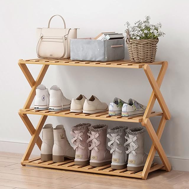 Glsety 3 Tier Bamboo Shoe Rack,Portable Folding Shoe Storage Rack,Without Installation Small Shoe Rack Perfect for Corridors, Bedrooms and Small Spaces