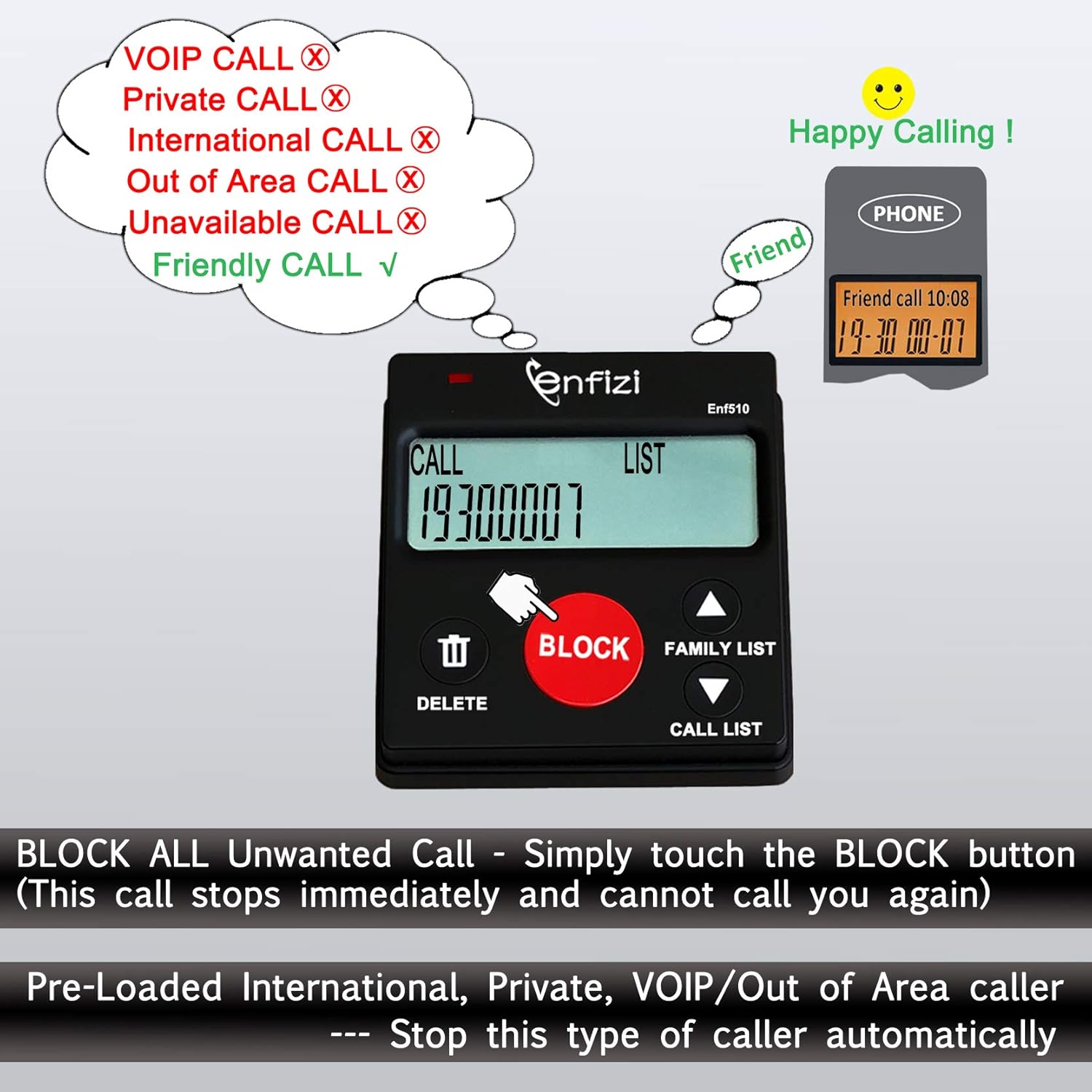 Enf510 Call Blocker for Landline Phones/Answering Machine/Home Cordless Phones, Works with All Analog Telephones, Block unwanted Calls