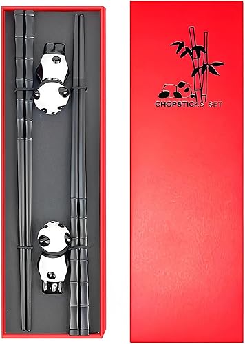 Miniatura 1 de Juego de palillos reutilizables y palillos de regalo, apto para lavavajillas, antideslizante, estilo chino japonés (negro, 2 pares)