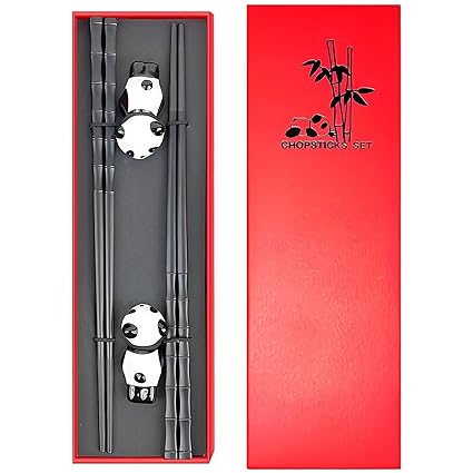 Reusable Chopsticks and Chopstick Rest Gift Set- Dishwasher Safe Non-slip Chinese Japanese Style Chopsticks Set (Black 2 Pairs)