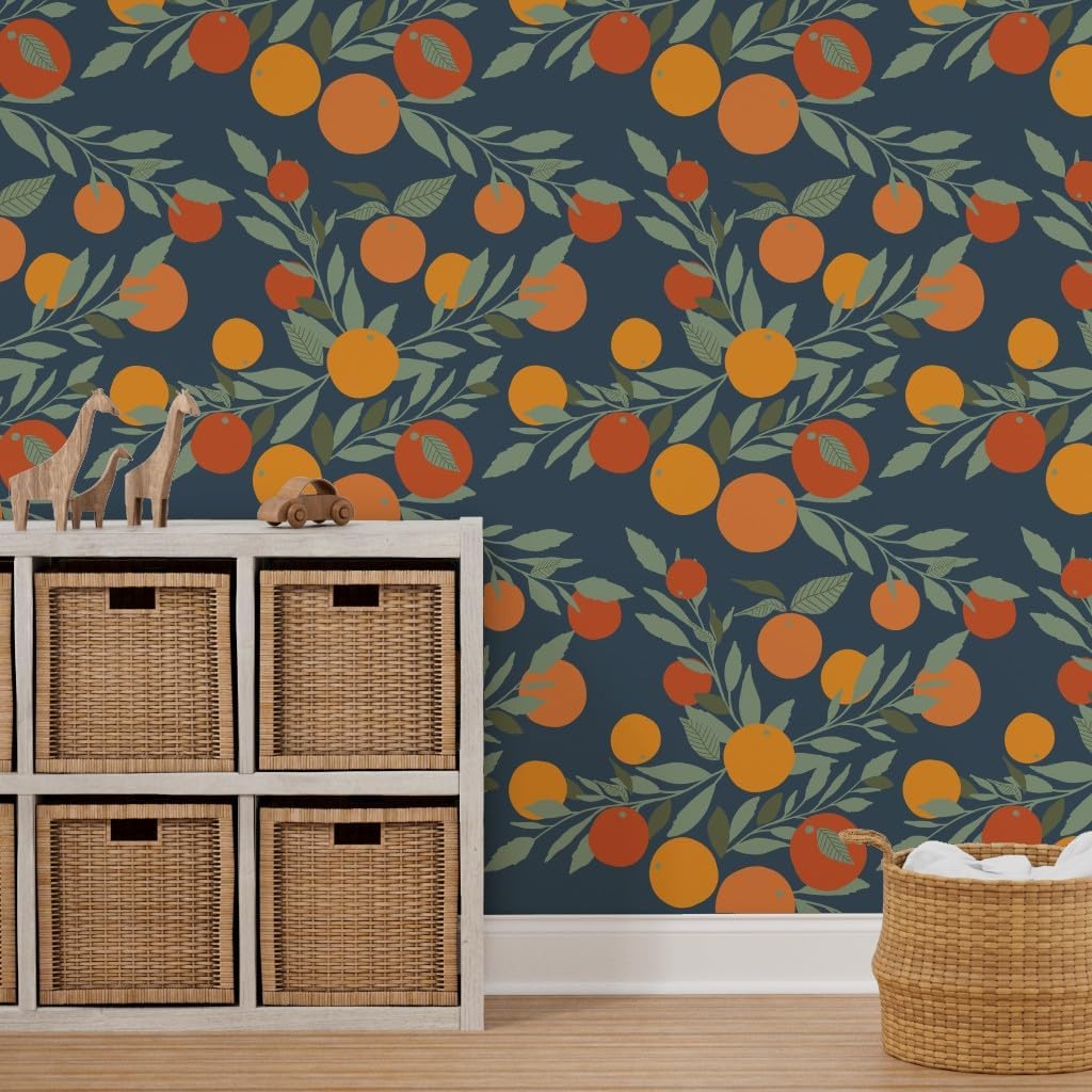Peel & Stick Wallpaper 12ft x 2ft - Navy Tangerine Bloom Watercolor Citrus Summer Fruit Oranges Spring Home Kitchen Botanical Nature Custom Removable Wallpaper by Spoonflower