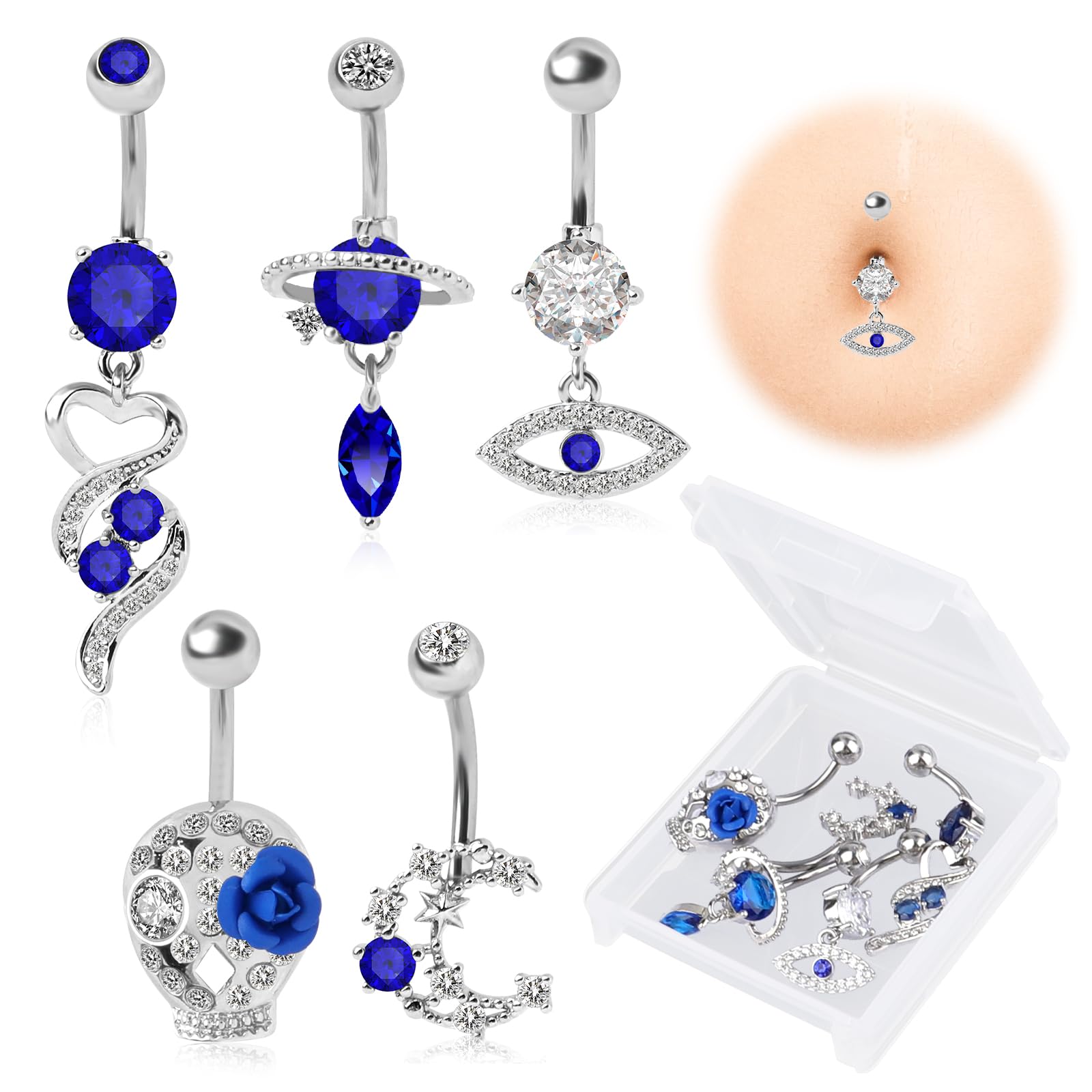 5 PCS Blue Belly Button Rings for Women,Dangle Navel Rings with CZ Stones,Stainless Steel Curved Barbell Body Piercing Jewelry with Box,Cute Belly