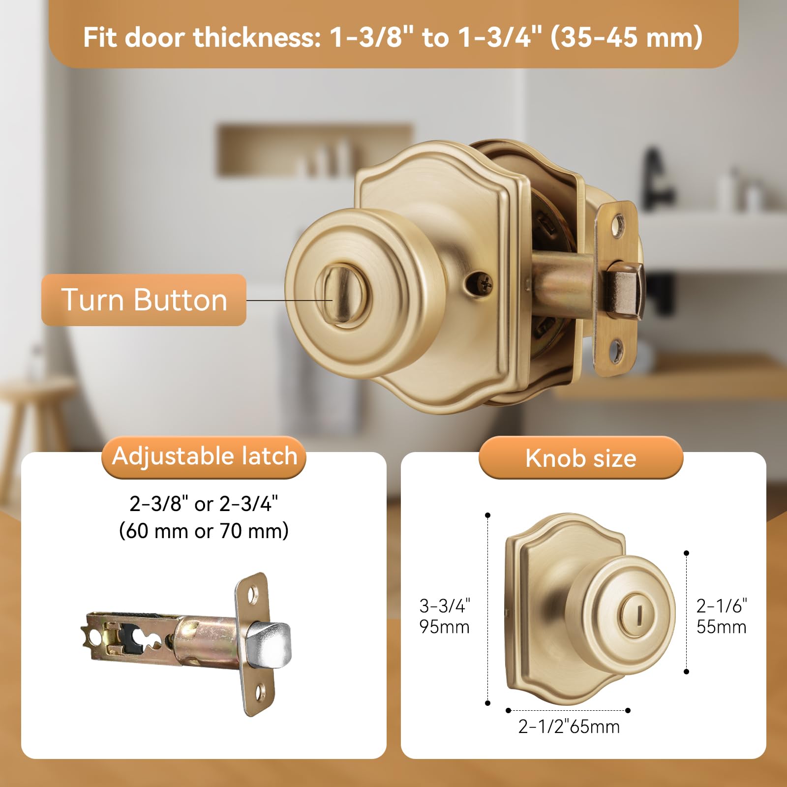 Brushed Gold Door Knobs - 6 Pack with Privacy Lock -3