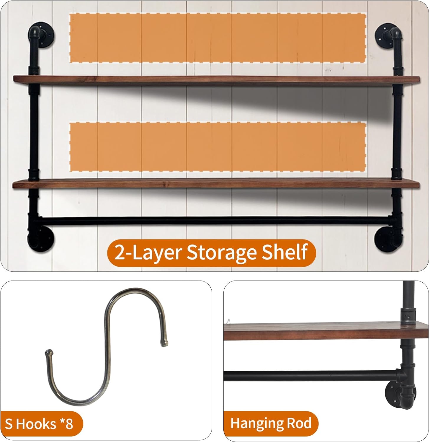 Industrial Pipe Shelving Pine Shelf,Pipe Shelves with Wood Planks,Wall Mounted Bookshelf,Floating Bar Shelves(2 Tier 42In)