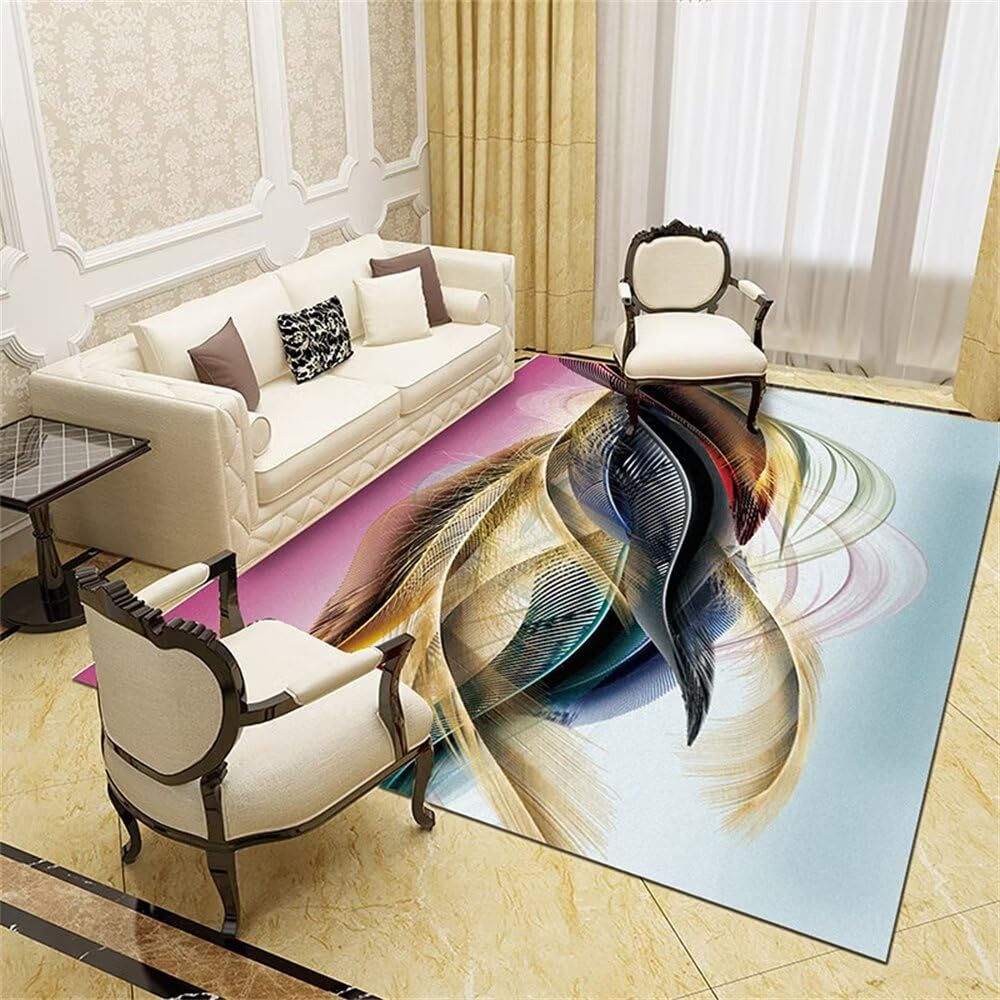Tapis poils courts à motif plumes 3D bleu grand tapis décoratif lavable 250x300cm