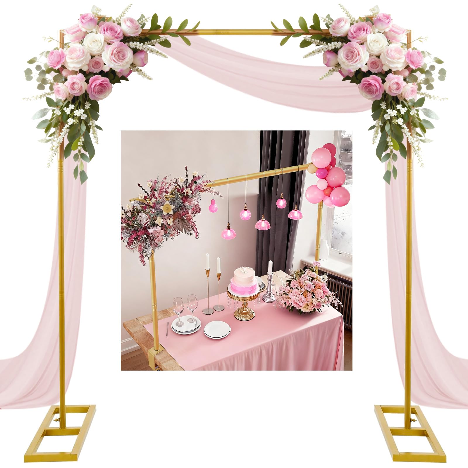 Fayavoo 8.2FT Square Backdrop Stand Heavy Duty, Gold Metal Wedding Arch Frame Adjustable, Change Over The Table Rod Stand with 2 Clamps, Background Arch Stand for Parties Birthdays Baby Showers Decor