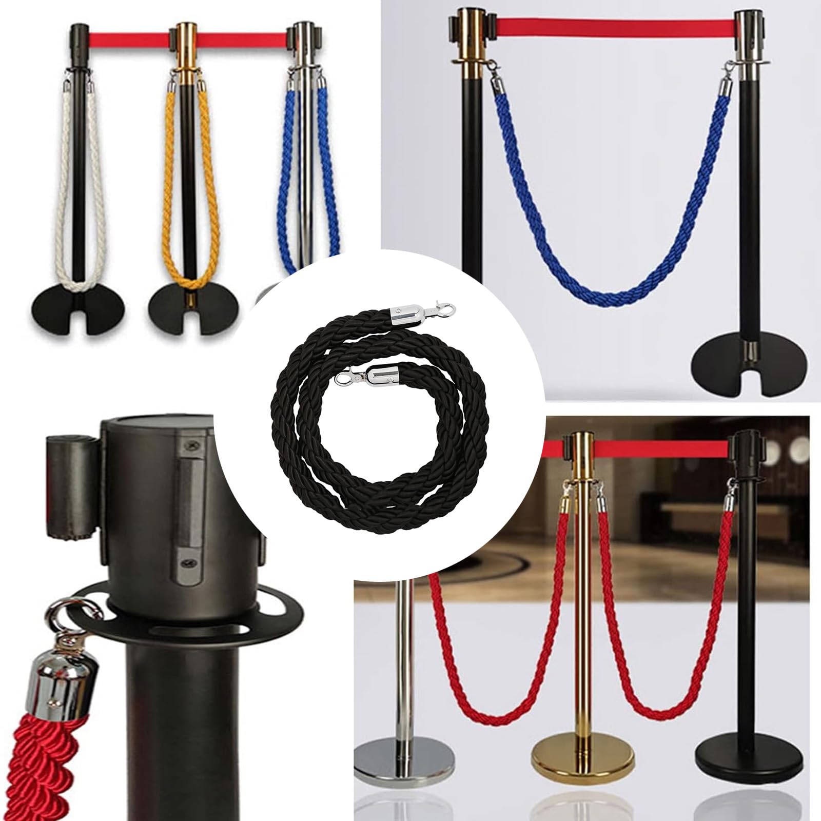 Stanchion - Cuerda de barrera trenzada de 1/1.5/2/2.5/3 m con gancho plateado, cuerda de control de multitudes, cuerda de cáñamo trenzada para divisor de colas (negro, 3 m)