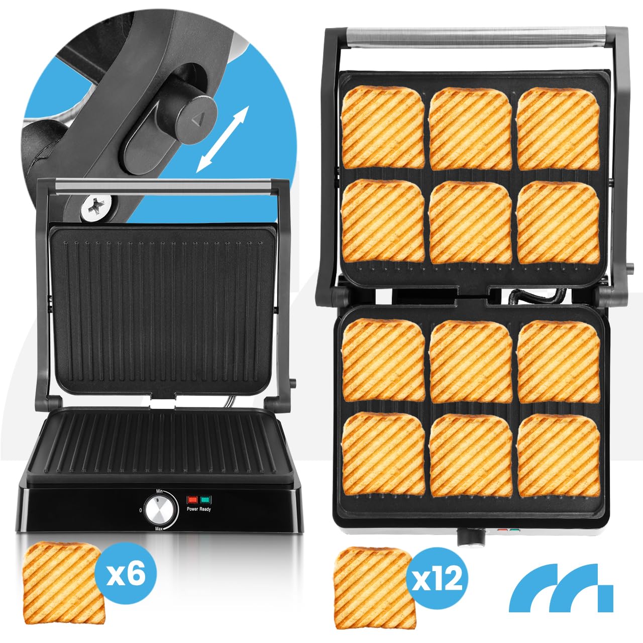 MalTec Kontaktgrill - Einstellbare Temperatur 180° aufklappbar. Große Grillfläche und hohe Power-Leistung. Teflonplatten verhindern das Anhaften und Fettauffangschale