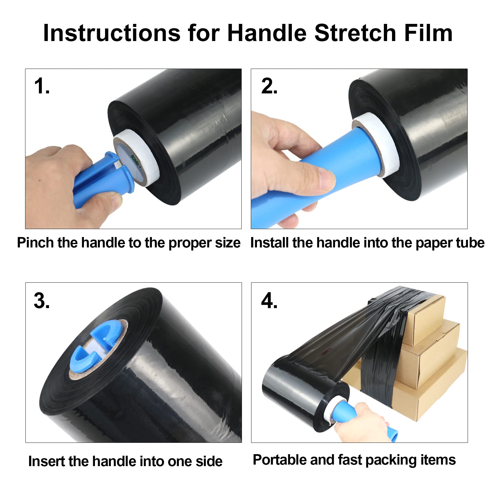 Paquete de 4 mini paletas estirables película retráctil negra con mango rodante de 20 mic* 130 mm* 305 m, prácticos rollos de recarga retráctil, proveedor de embalaje móvil de la industria-BOMEI PACK