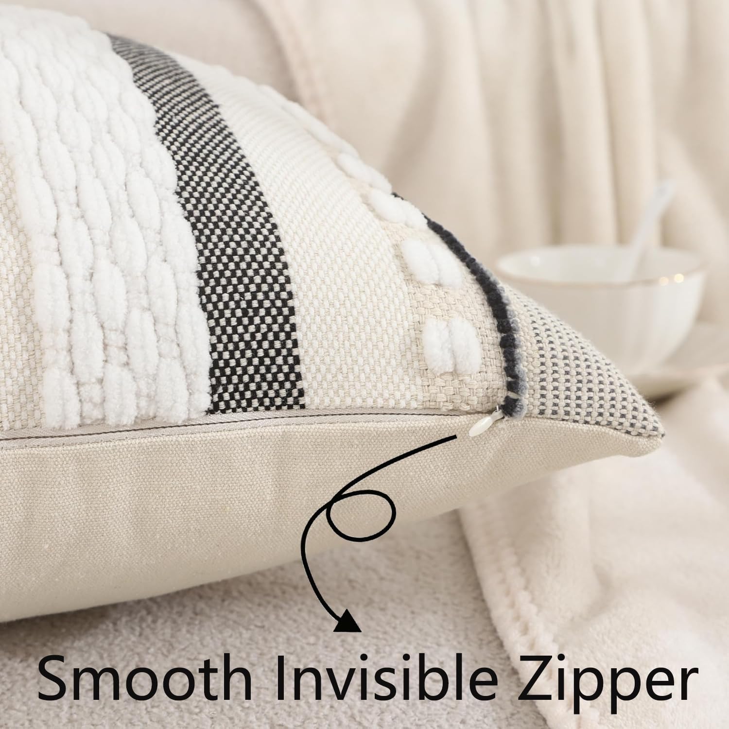 Tosleo Boho Throw Pillow Covers 18x18 Set of 2 Striped Decorative Pillow Cases Accent Chenille Pillowcases Farmhouse Cushion Case Bohemian Nuetral Textured Pillow Cover,White - Image 3