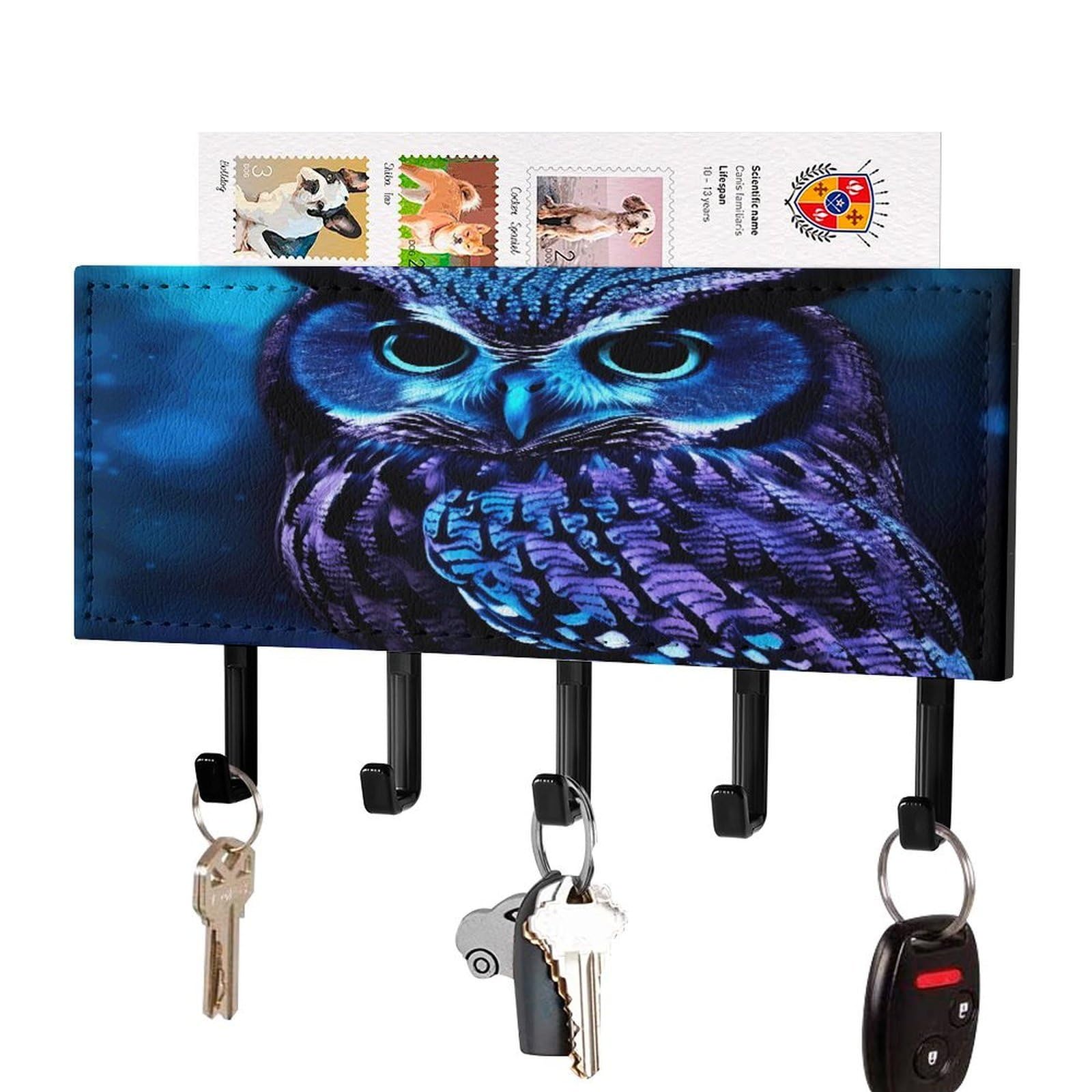 Fekiloot Black-Style Blue Owl Key Holder Wall Mount Key And Mail Holder Key Hanger With 5 Hooks Decorative Pu Key Rack Hanging Key Hooks For Wall Living Room Kitchen Bathroom Hallway