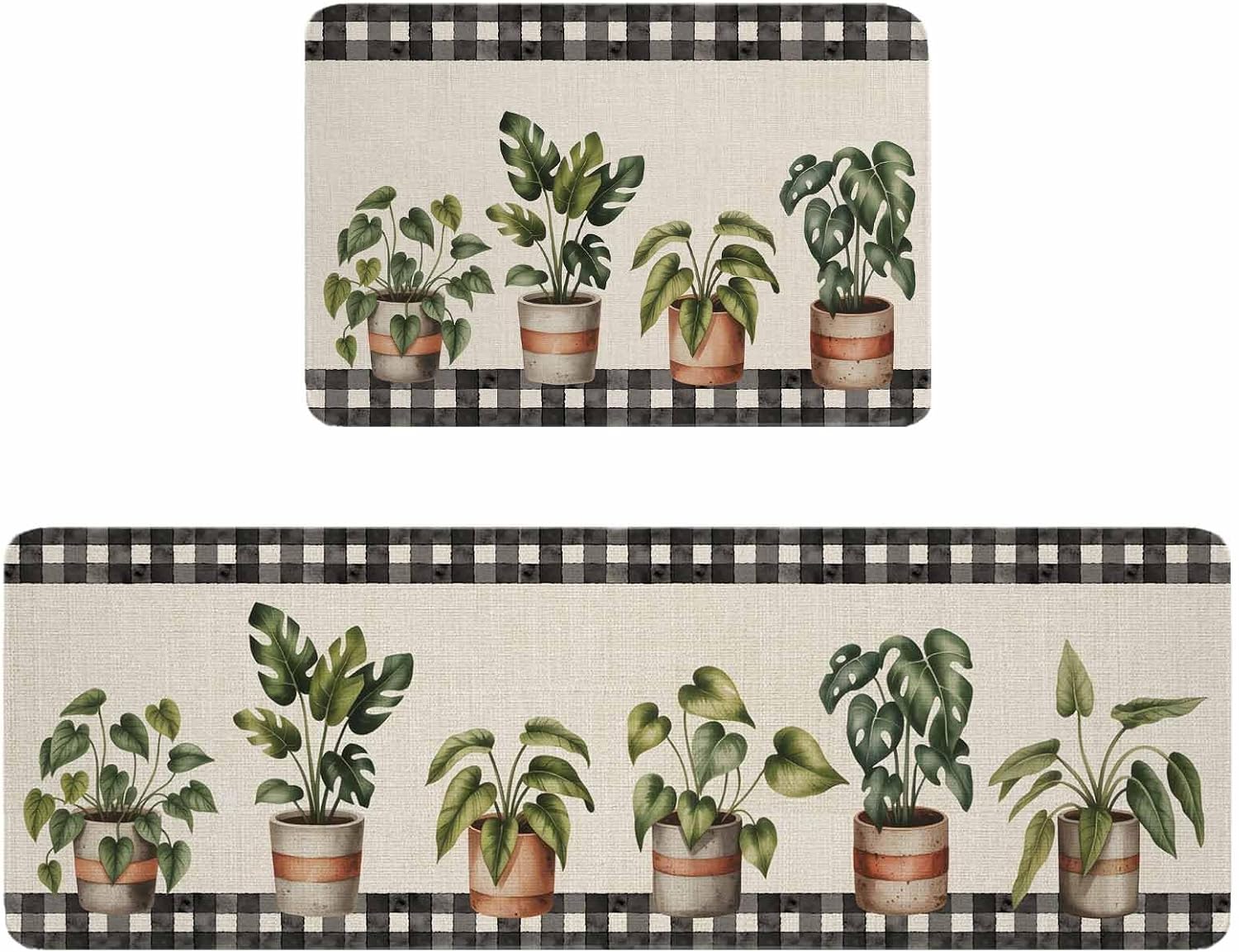 Spring Kitchen Rugs and Mats Set of 2, Non-Slip Kitchen Sink Mat, Farmhouse Pots Plant Leaves Wood Plank Black Plaid Washable Doormat Bathroom Rugs Runner for Bedroom/Living Room 19.7"x31.5"+19.7"x63"