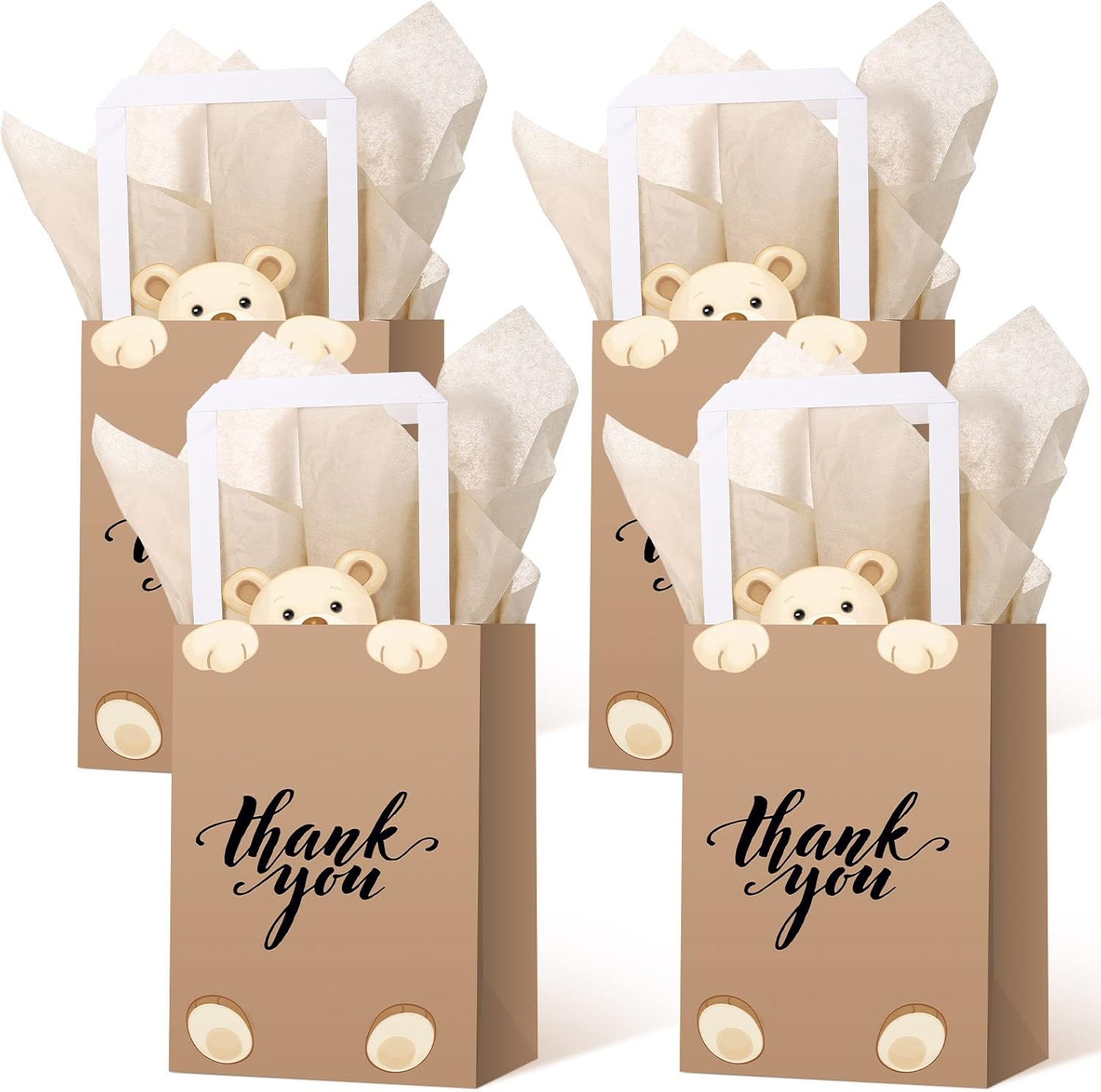 Eersida 16 Pcs Bear Thank You Gift Bags with Tissue Handles Baby Shower Bear Birthday Decorations Thank You Paper Bags Brown Candy Treat Supplies for Guests Wedding Prizes School Party Supplies