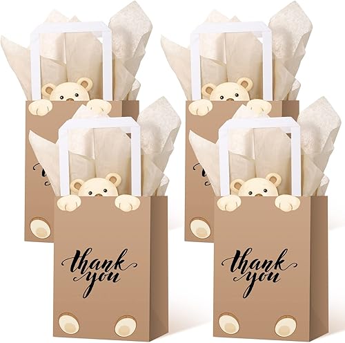 Eersida 16 bolsas de regalo de agradecimiento con asas de pañuelo, decoración de cumpleaños de oso de baby shower, bolsas de papel de