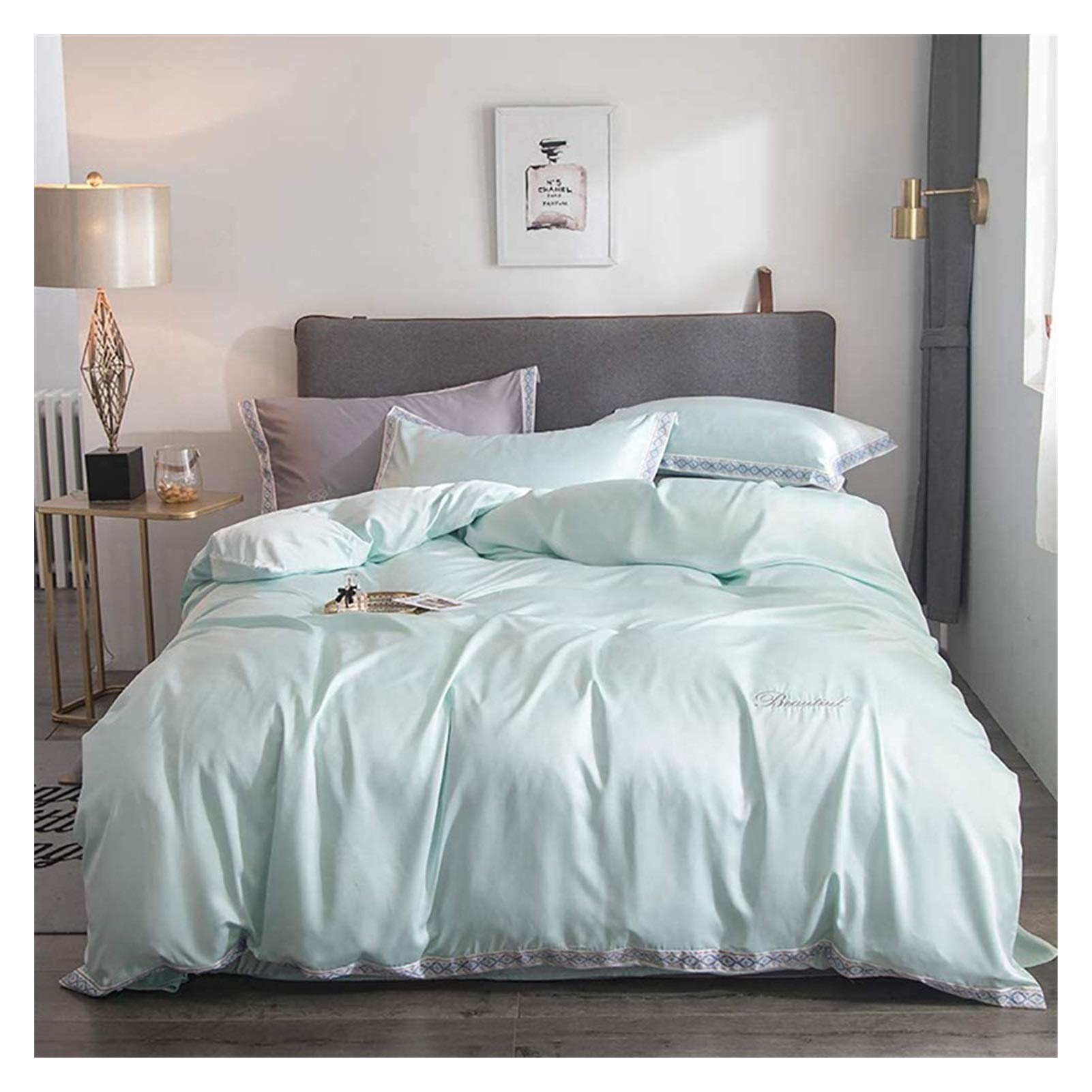 Housse de couette en soie anti-plis et drap hypoallergénique anti-taches