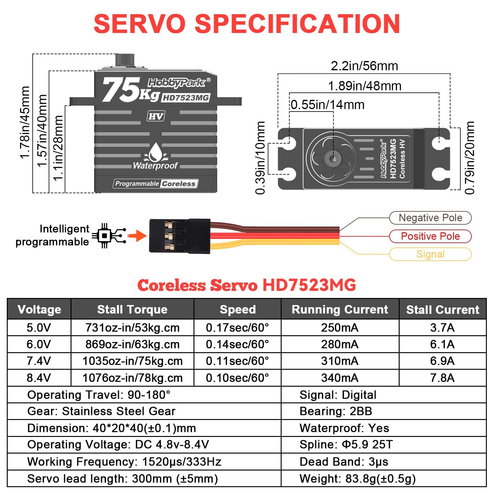 HobbyPark Impermeabile 75kg Alta Coppia RC Sterzo Servos Coreless Motore Digitale Servo Standard Size HV Ingranaggi in Metallo per 1/8 1/10 RC Crawler Auto Camion Buggy Basher Bashing 180 ° Custodia