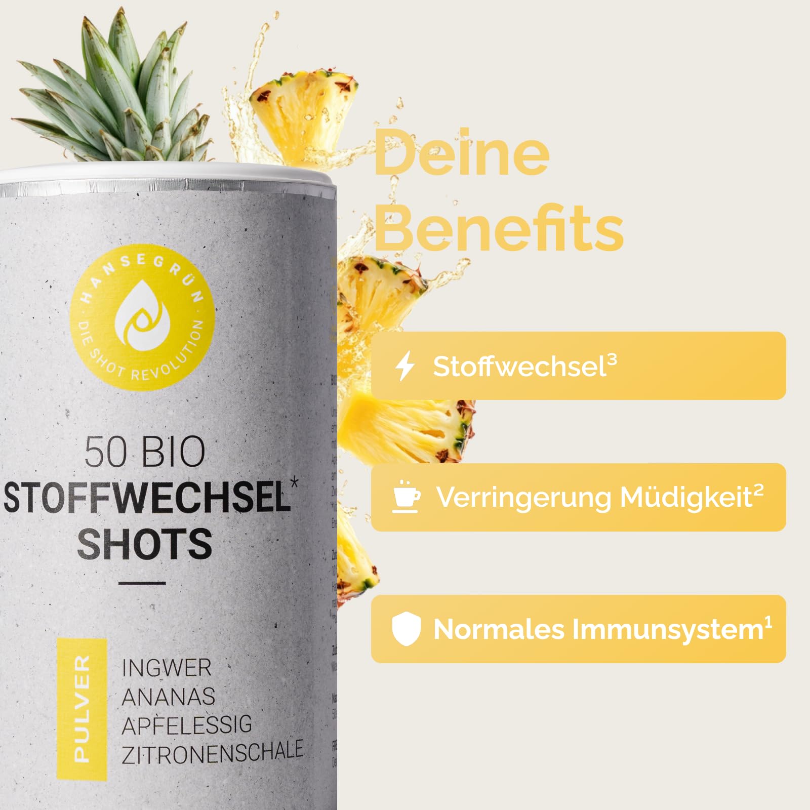 Hansegrün - Bio 3in1 Stoffwechsel³ Shots (50 Stk.) - Superfood-Pulver für Immungsystem¹ & Stoffwechsel³ - Ingwer, Ananas, Apfelessig & Zitronenschale - 100% echte Zutaten zur täglichen Zubereitung