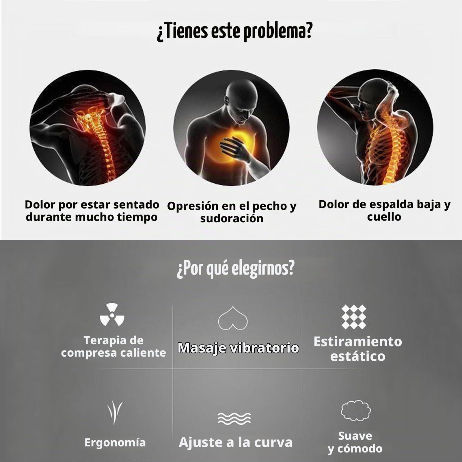 Masajeador de Espalda Smooth Triple Fusion con Calor, Tracción y Vibración 3 en 1 for Aliviar el Dolor de Ciática y Lumbar, Soporte Lumbar Ergonómico(Gray)