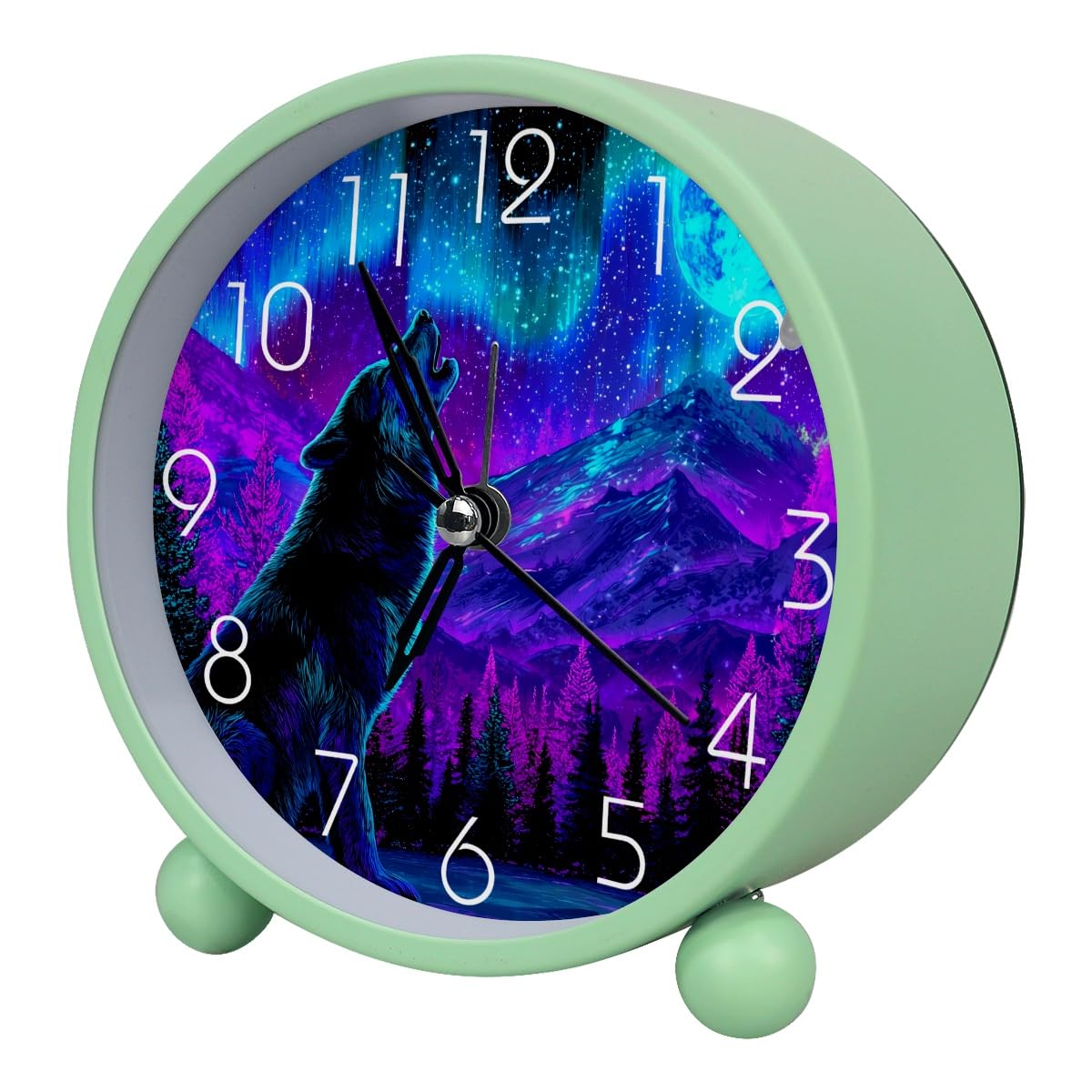 Luoweisi Analog Alarm Clock Wolf Northern Lights, Silent Non-Ticking with Night Light, Battery Operated, Round Desk Alarm Clock for Office, Bedroom, Elderly, Adults, Children, Student Gifts