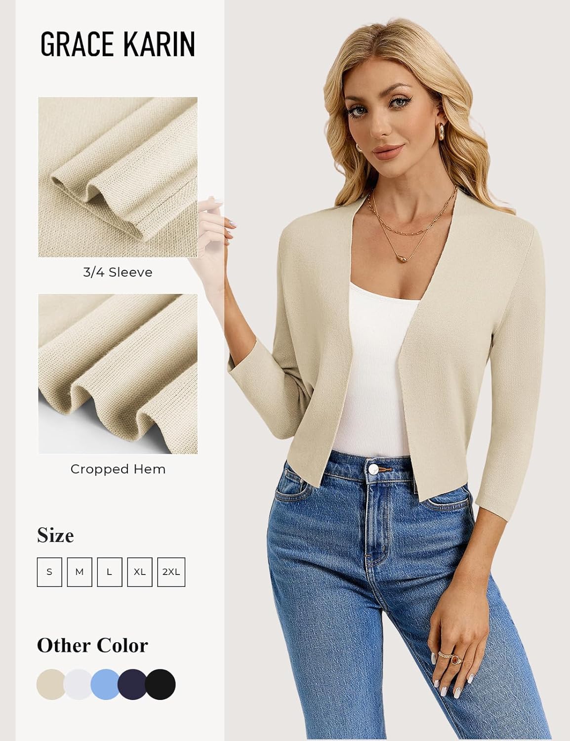 GRACE KARIN Women's 3/4 Sleeve Cropped Cardigan Sweater Lightweight Open Front Dressy Causal Shrug Spring Fashion - Image 5