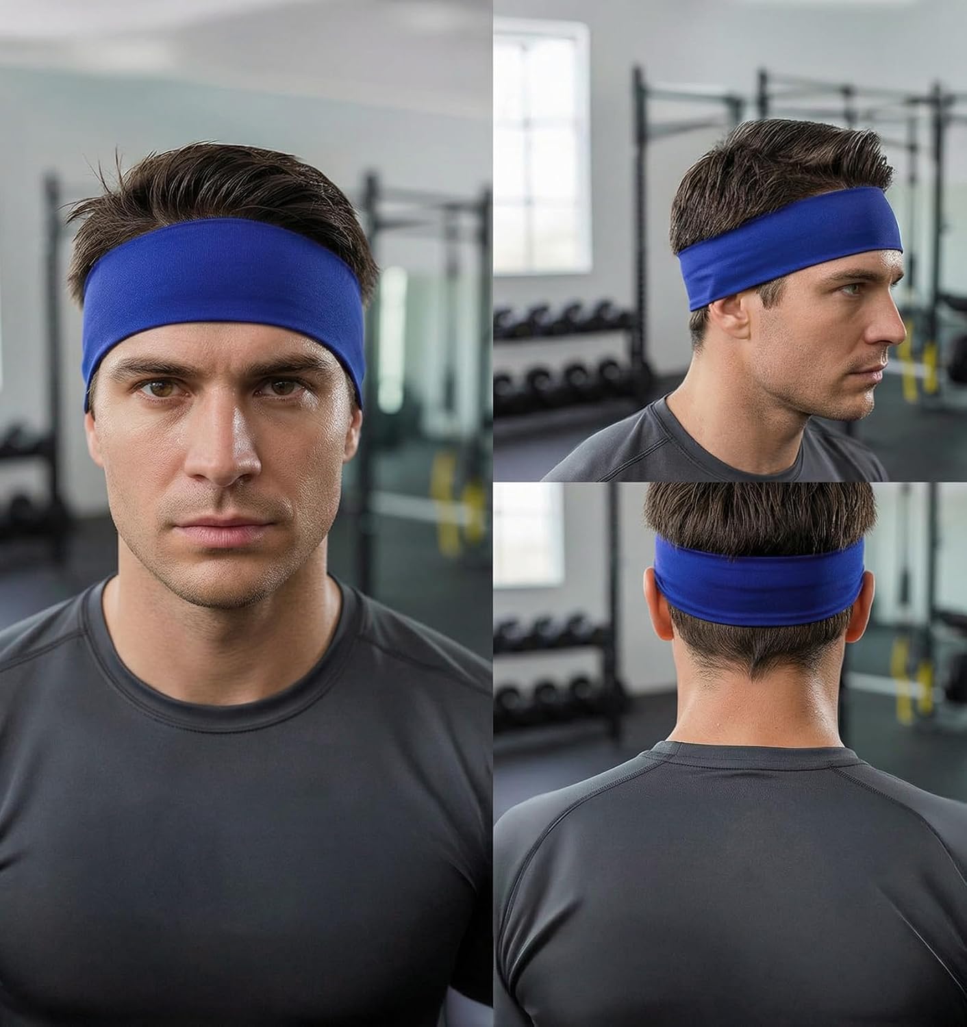 3 Pcs Mens Workout Headbands, Non-Slip Running Headbands for Men Quick-Dry Stretchy Hairband for Workout (Black, Royal Blue, Light Gray)