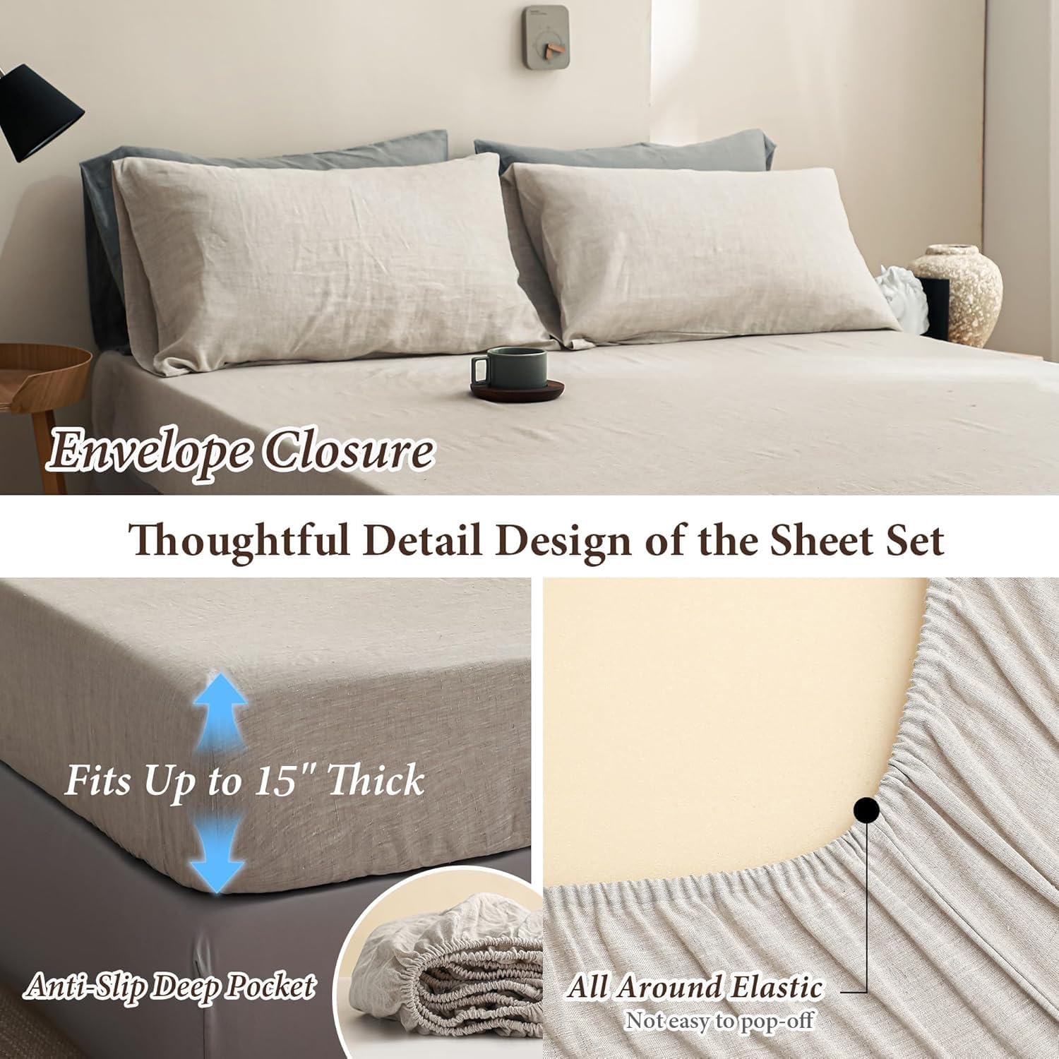 Simple&Opulence 100% Linen Sheets Full Size Set, 4 Pcs Natural French Linen Bed Sheets, Breathable Soft Durable Bedding Set for All Season (Linen, Full) - Image 3