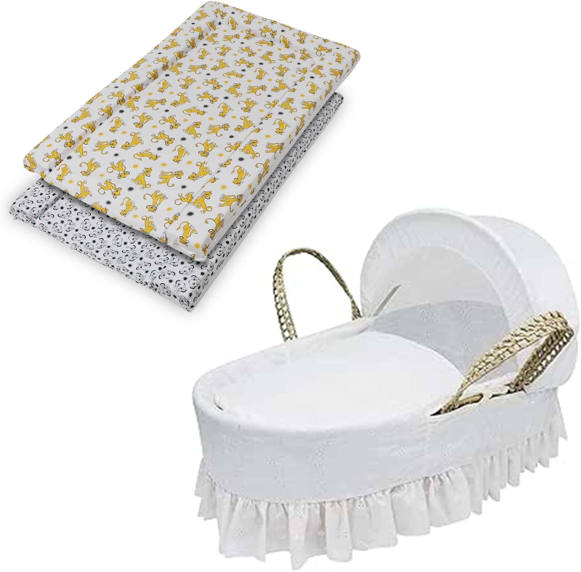 Kinder ValleyMoses Basket with Changing Mat(Lion King Theme) also Includes Adjustable Hood, Fibre Mattress & Padded Liner | (White Broderie Anglaise)
