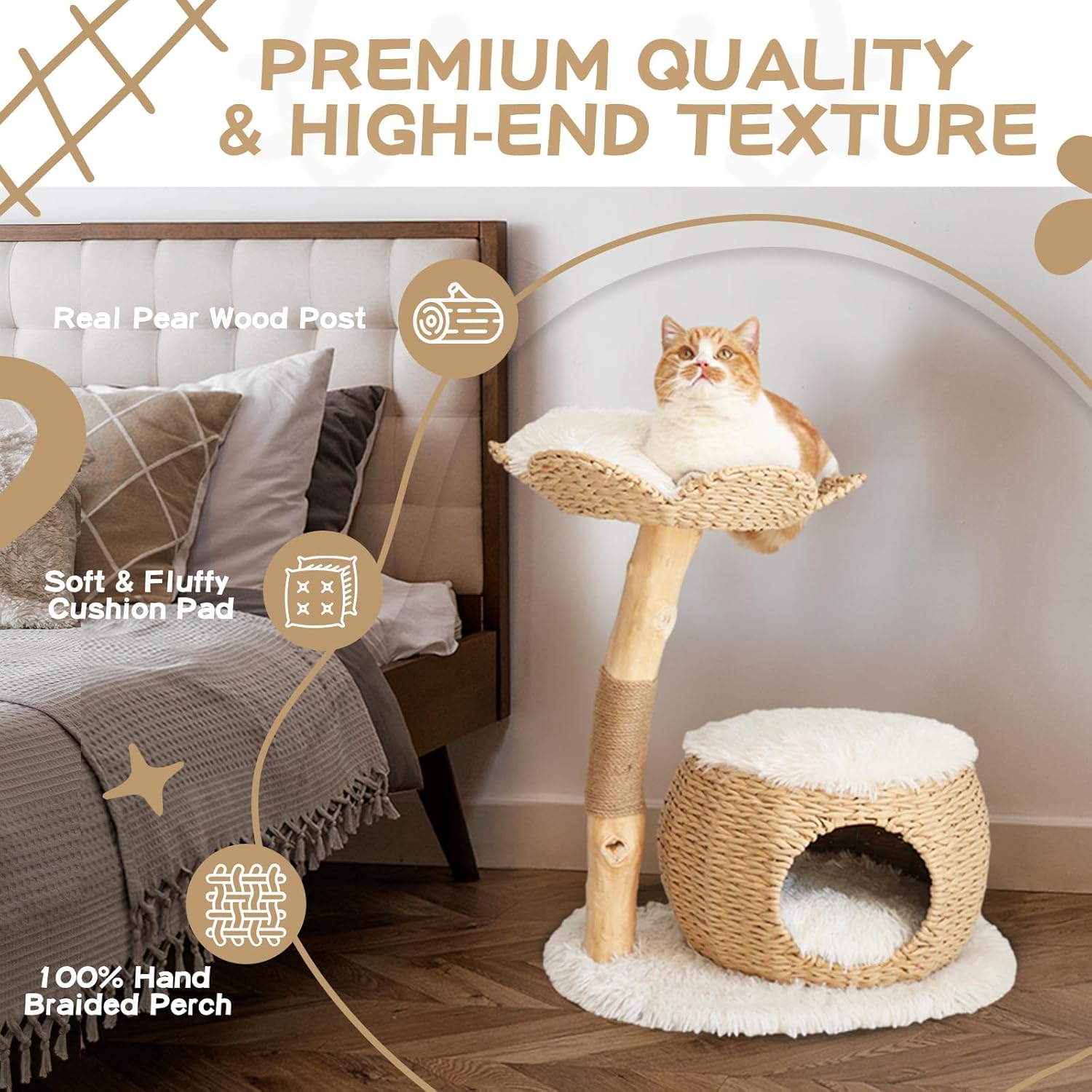 review Modern Cat Tree Natural Wooden Cat Condo for Indoor Cats with a Perch, 27.5”Cat Tower Climbing Furniture, Soft Plush Cat Scratching Tree for Kittens Small Cats, Gift for Cat Lover