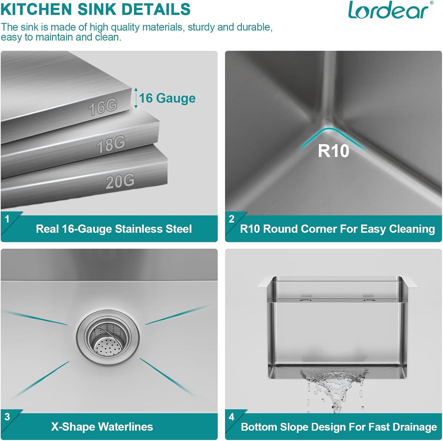 Lordear 15x17 Indoor Outdoor Kitchen Sink with Foldable Faucet Samll Bar Prep 16 Gauge T304 Stainless Steel Single Bowl Basin for Island Camper Wet Bar Prep Mobile Home