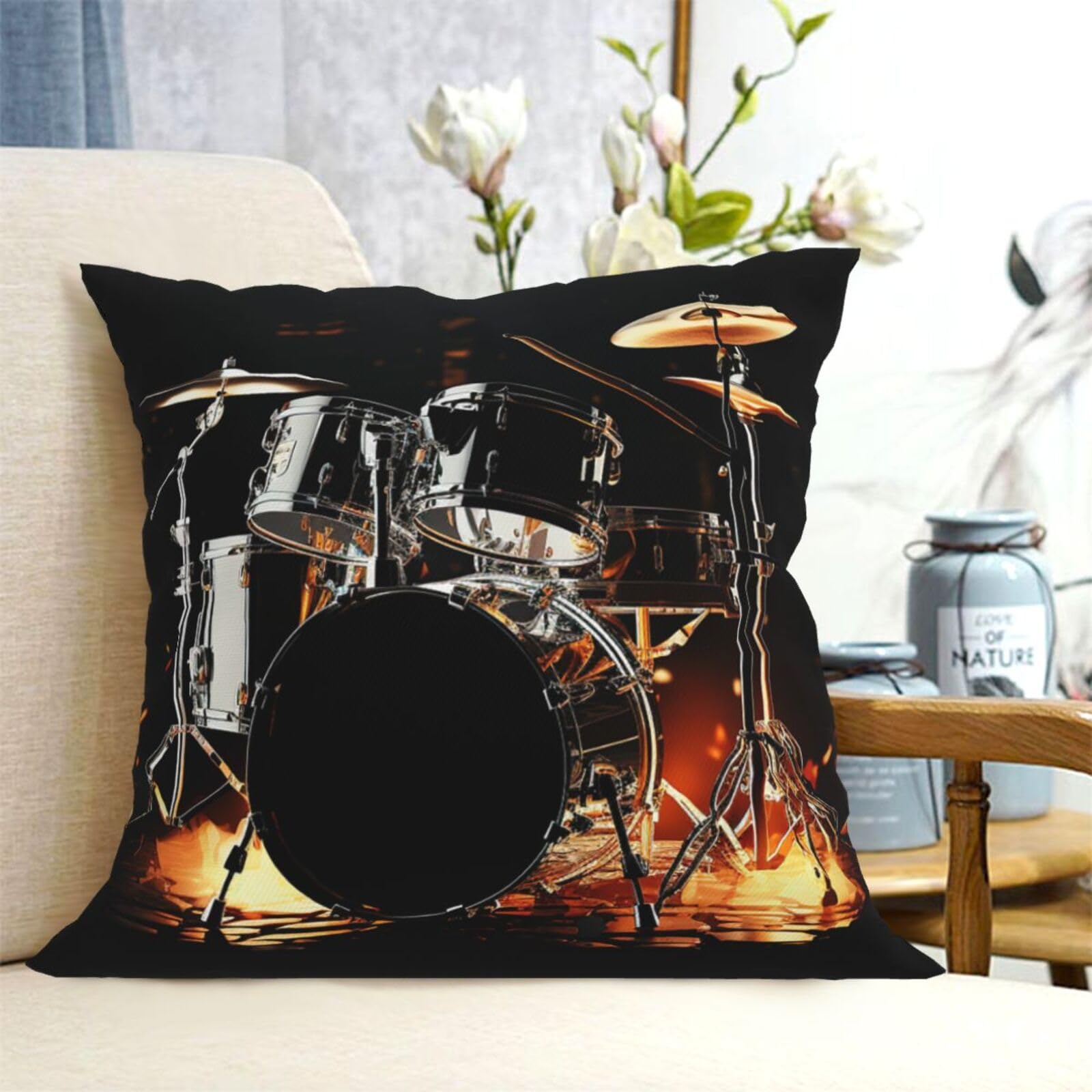Fodpand Black Decorative Throw Pillow Covers 18"X18" Drummer Cushion Cases Square Modern Farmhouse Pillow Cases Soft Cozy Cushion Covers For Couch Sofa Bedroom Home Decor Pillowcase