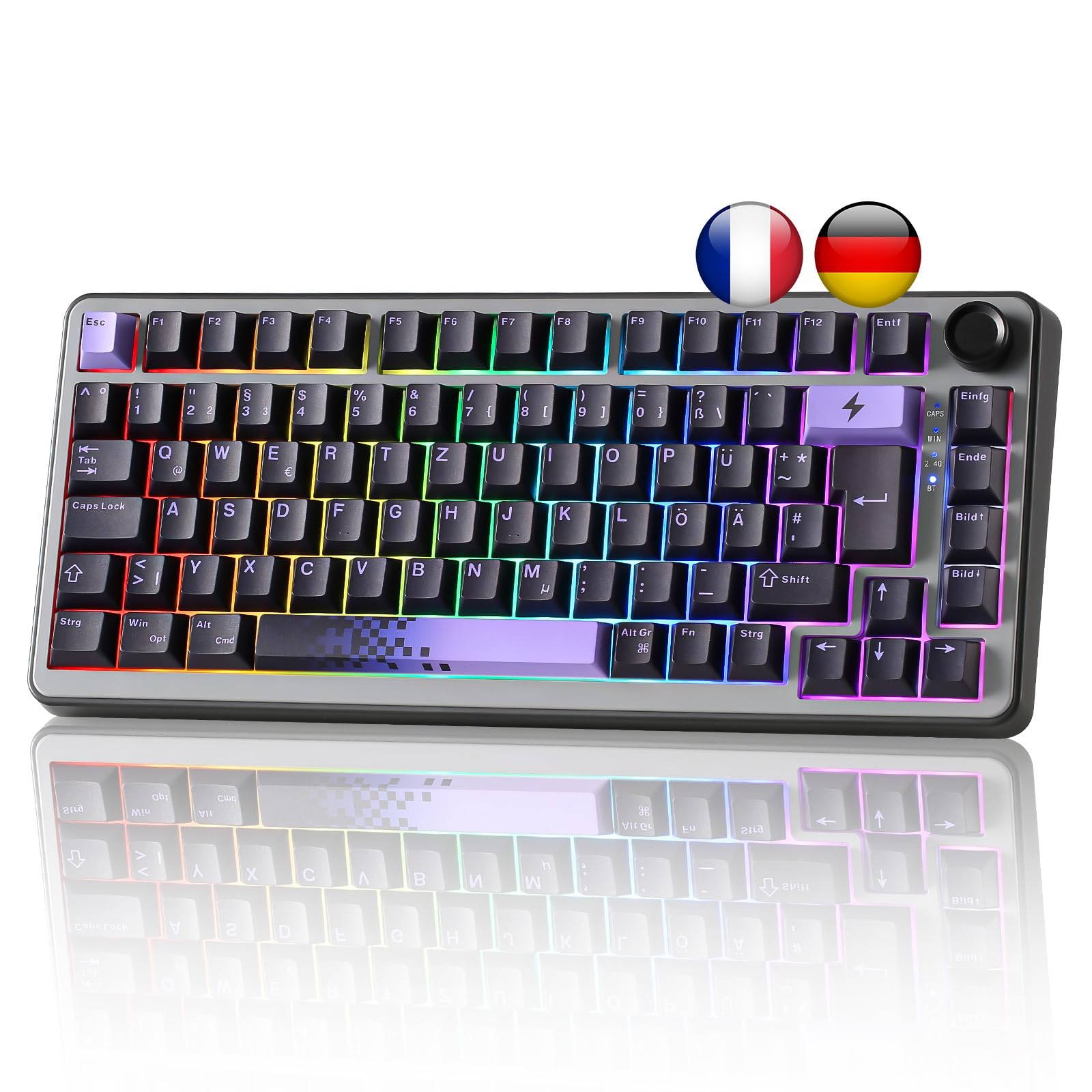 YUNZII B75 Pro ISO FR & DE Clavier Gamer sans Fil (Noir Violet, Milk V2) | AZERTY Français & QWERTZ 75% Disposition avec Bouton, 2.4 Ghz/Bluetooth/Filaire Gasket Mounted, Hotswap, RGB, Windows/Mac