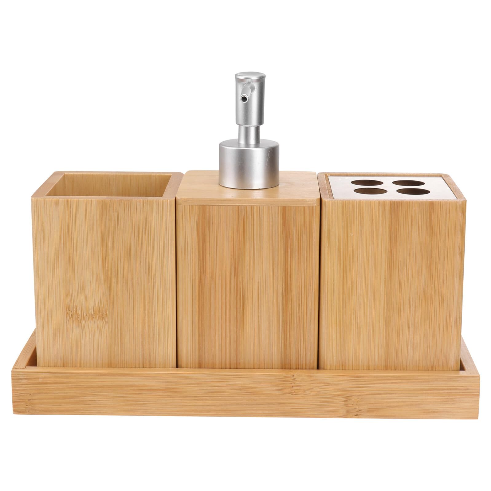 Mikikit Set Accessori da Bagno in Bambù e Ceramica, Portaspazzolino Ergonomico, Portasapone e Bicchiere, Organizer per Lavabo Moderno, per Bagno Ordinato e Decorazione Naturale
