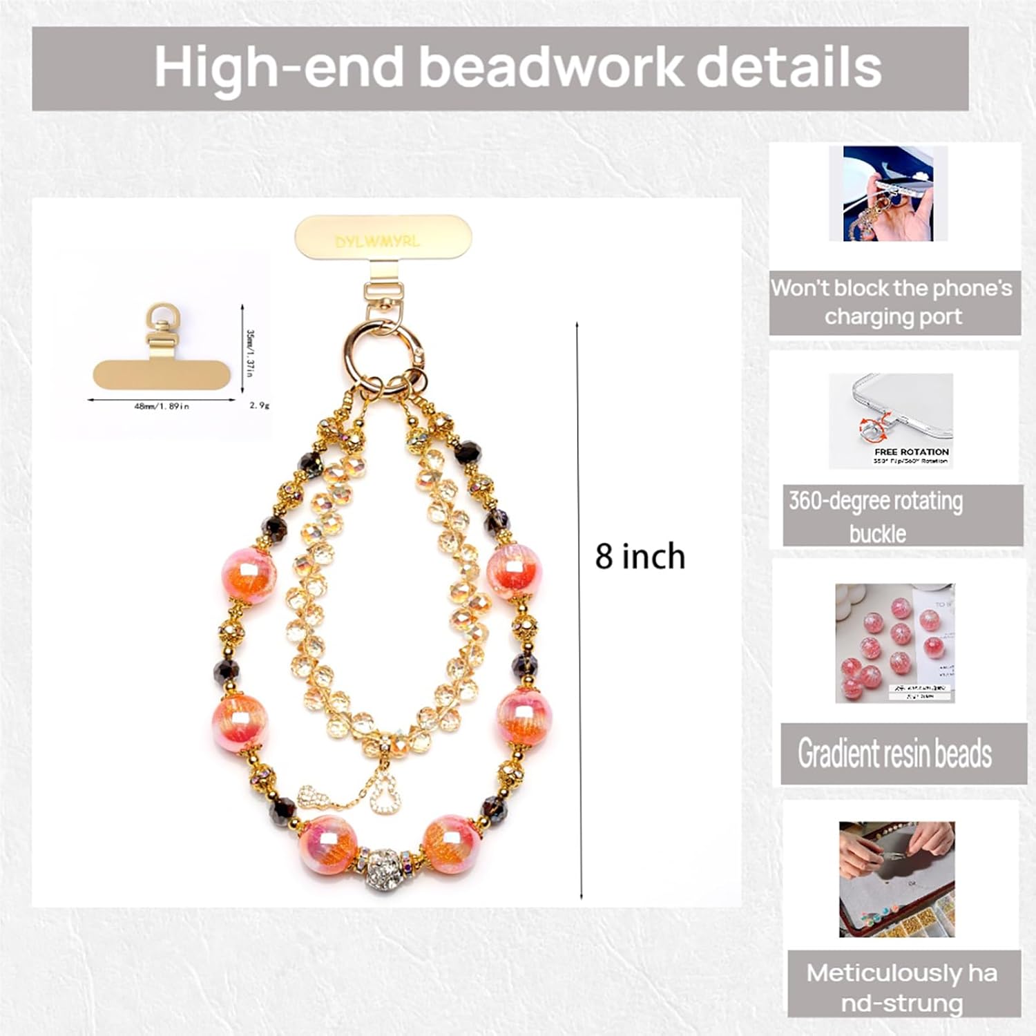 3D Gradient Pumpkin Beaded Phone Charm, Handmade Beaded Phone Lanyard, Anti-Lost Detachable Wrist Strap for Women Girls (Pink Orange Gradient)