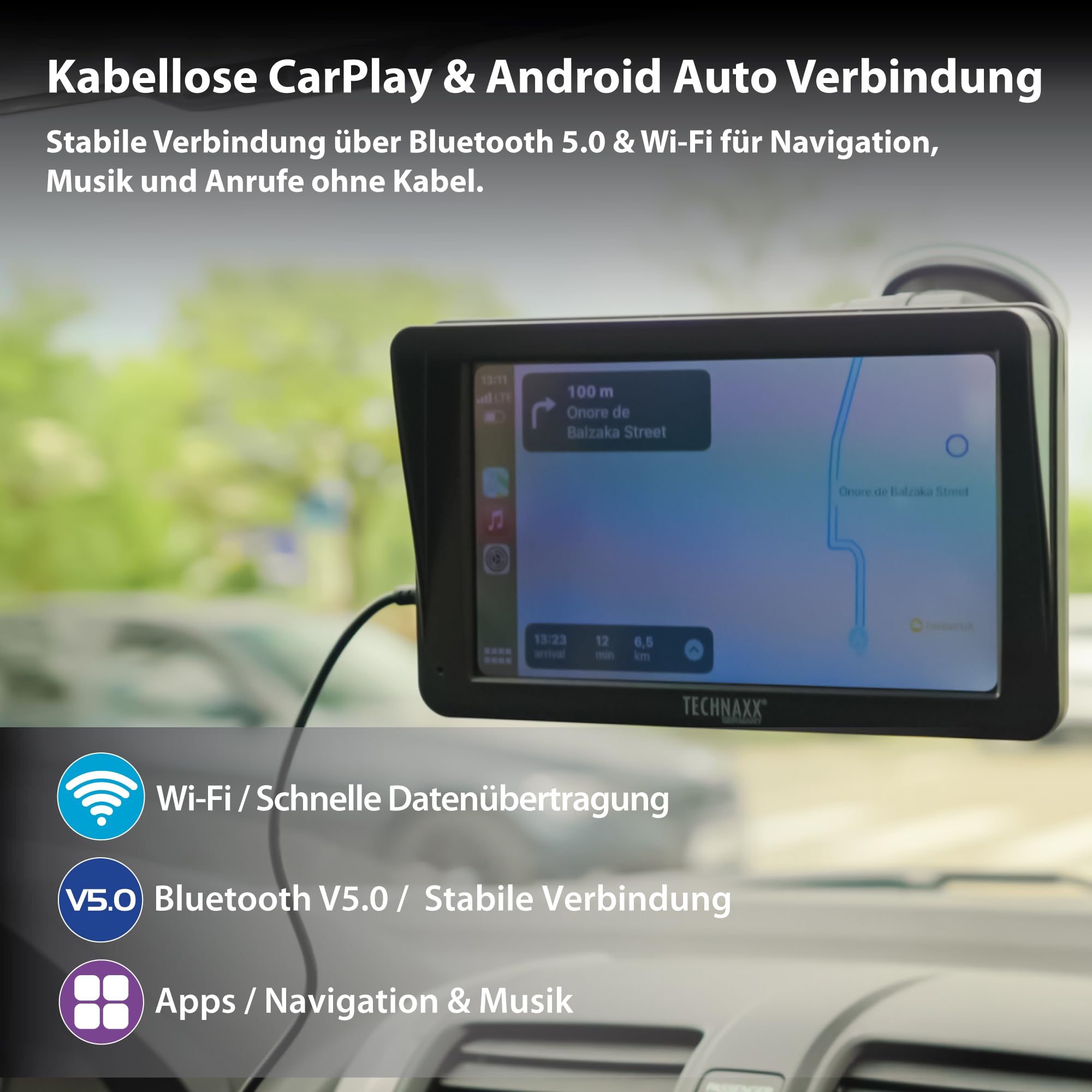 Technaxx Wireless Car Play & Android Auto Display 7" TX-320 mit Bluetooth 5.0, FM-Transmitter, AUX-Ausgang, eingebautem Lautsprecher, MicroSD-Steckplatz, Armaturenbrett-/Windschutzscheibenhalterung