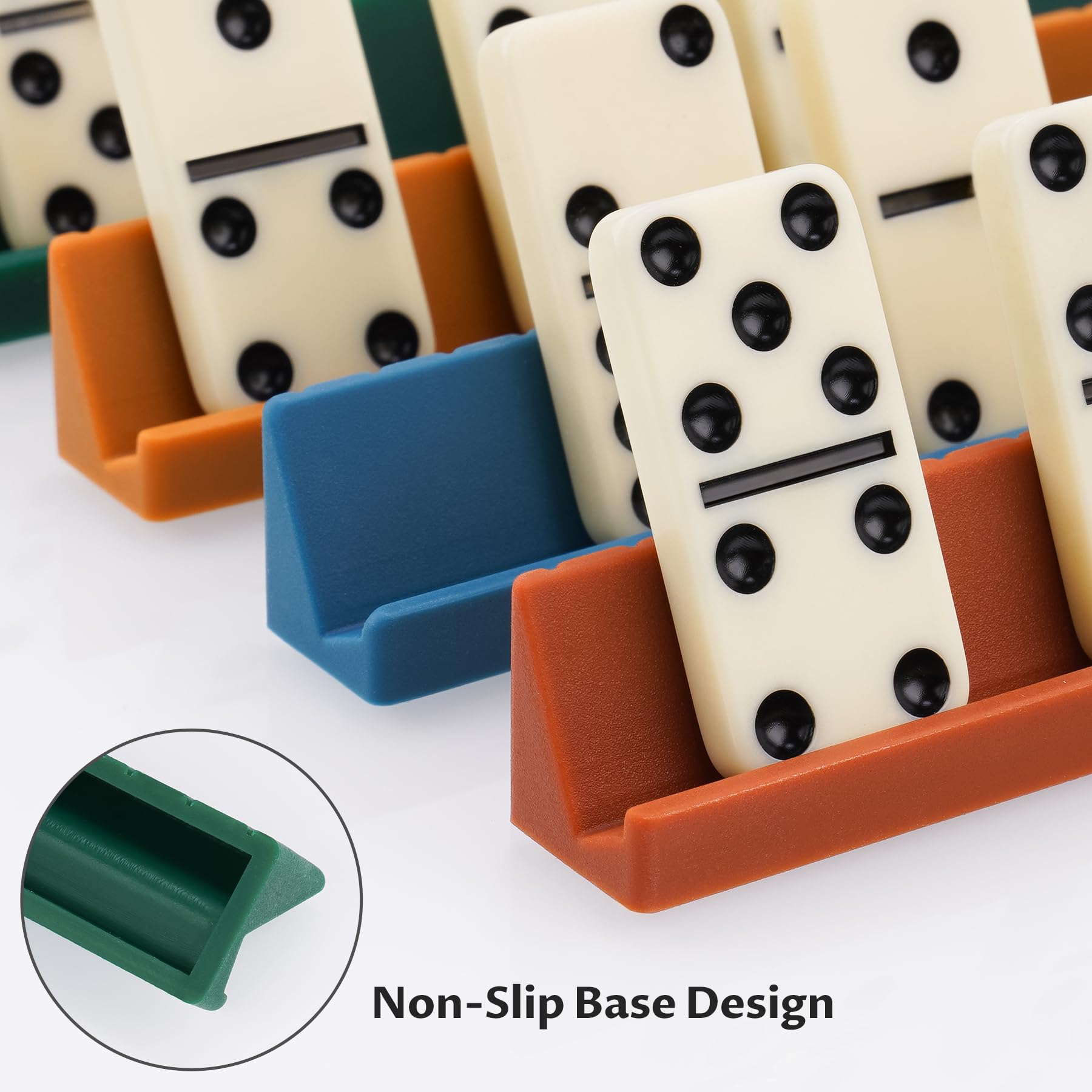 Juego de dominó para adultos, doble 6 fichas de dominó con 28 piedras (4 x 2 x 0,5 cm) y 4 soportes de silicona para dominó (16 x 1,7 x 1,8 cm), juego de mesa clásico con bolsa de transporte para