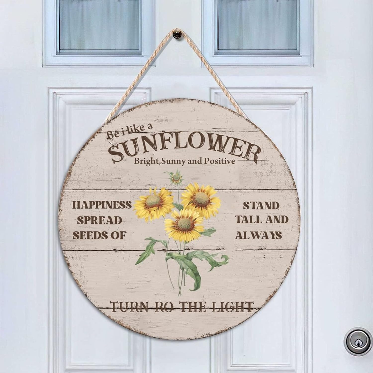 Sunny Wall Hanging Sign Plaque, Sunflower Wood Door Sign, Gold 16x16in Front Door Sign Decor for Outdoor Front Porch Farmhouse Housewarming Gifts