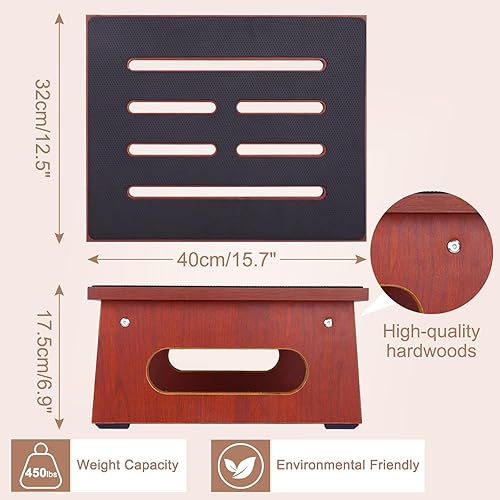 Miniatura 56 de Taburete de un solo paso para adultos mayores con superficie de goma antideslizante, taburete de madera resistente con escalones de cama de Marrón