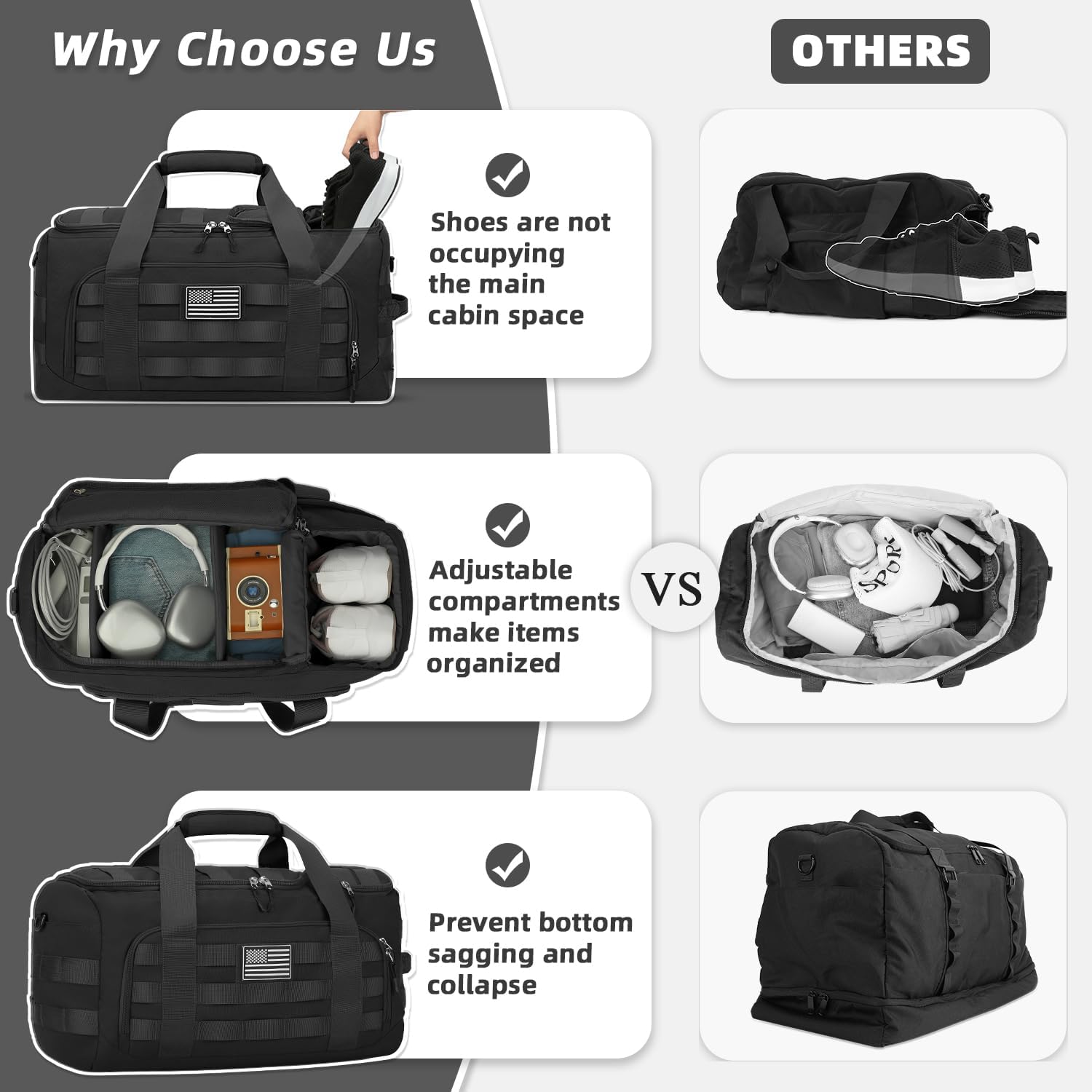 ZOMFELT Tactical Gym Bags for Men, 22x14x9 Carry On Luggage Duffle Bag for Travel, 3-in-1 Sports Basketball Soccer Bag with Removable Dividers & Shoe Compartment, Weekender Overnight Travel bag, Black - Image 5