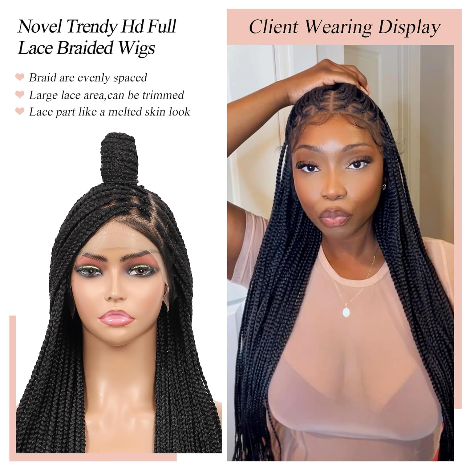 Lexqui Full Lace Braided Wigs for Black Women Knotless Braided Wigs Box Braid Wig Synthetic 360 Lace Braided Wig for Daily Wear，36 Inches，360° HD Full Lace