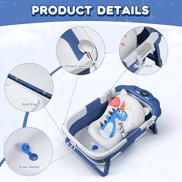 Baby Bathtub Collapsible with Thermometer & Cushion, Portable Travel Tub