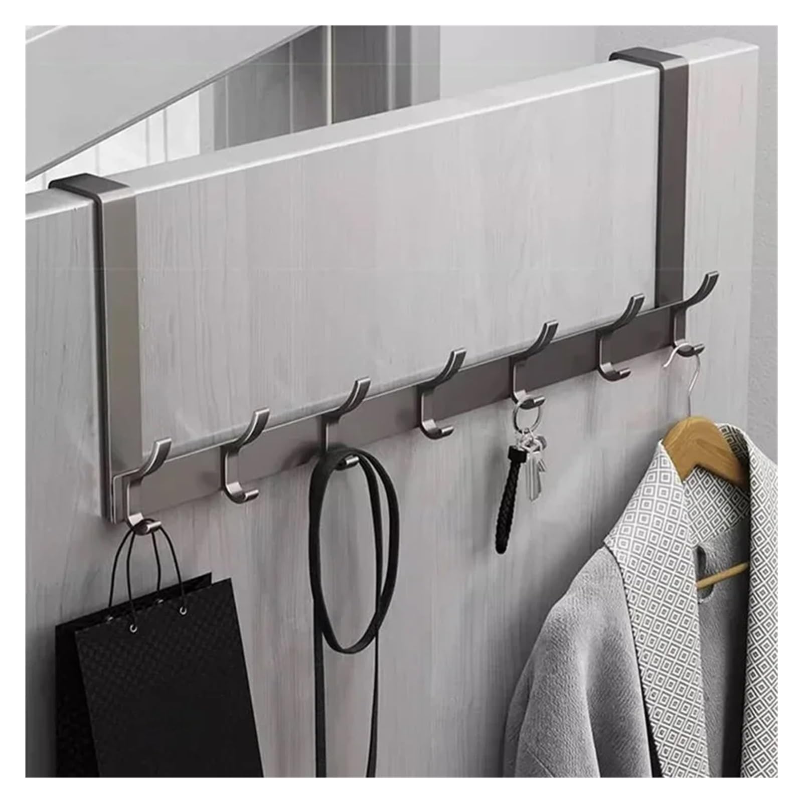 Ganchos para colgar sobre la puerta, organizador del hogar, perchero, ropa, sombrero, toalla, accesorios de baño, soporte para colgar en la puerta, instalación rápida (gris, 7 ganchos)