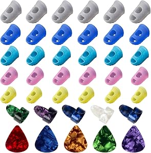 AUGSUN 30pcs Silicone Guitar Finger Guards 5 Sizes Fingertip Protectors | Finger Covers Caps, With picks, For Acoustic Stringed Instruments Players, Sew Embroidery Use, Anti Slip Pain Relief