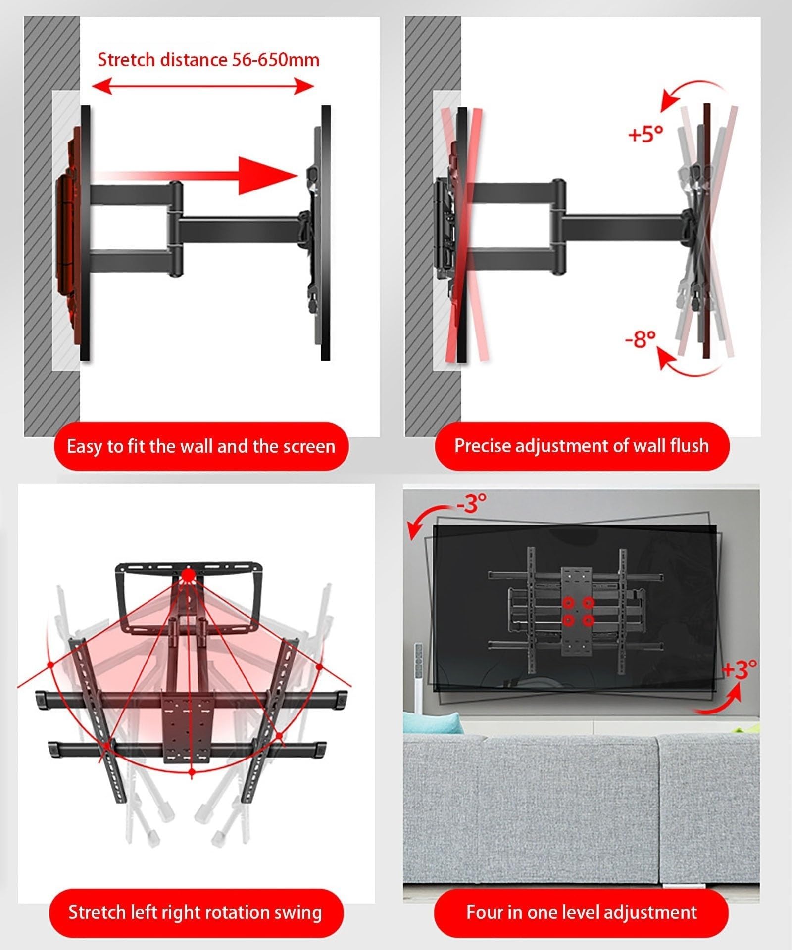 Soporte de pared articulado para TV para pantallas LED LCD planas y curvas, inclinable y giratorio con compatibilidad VESA de 800 x 600 mm