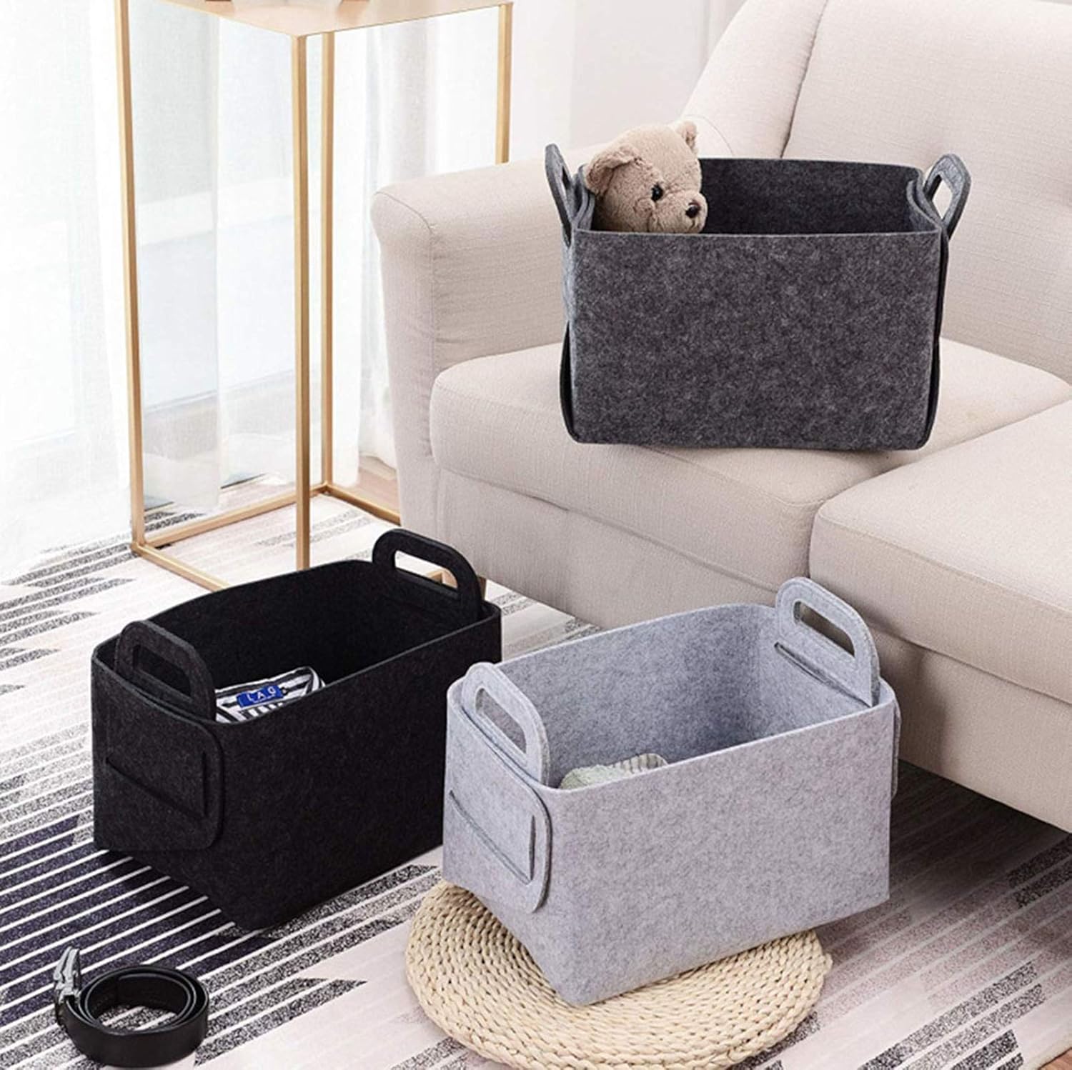 Storage Basket with Handles, Foldable Felt Box Log Carrier Tote Large Fire Wood Bag Fireplace Wood Stove Accessories Storage Bag for Wood, Newspapers, Magazines,Medium Gray,XL