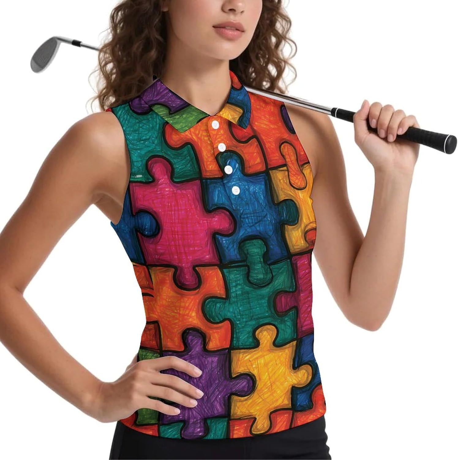 Colorful Puzzle Pieces Women Sleeveless Collared Golf Polo Shirt | V Neck Tank Top,Breathable Tennis Shirts