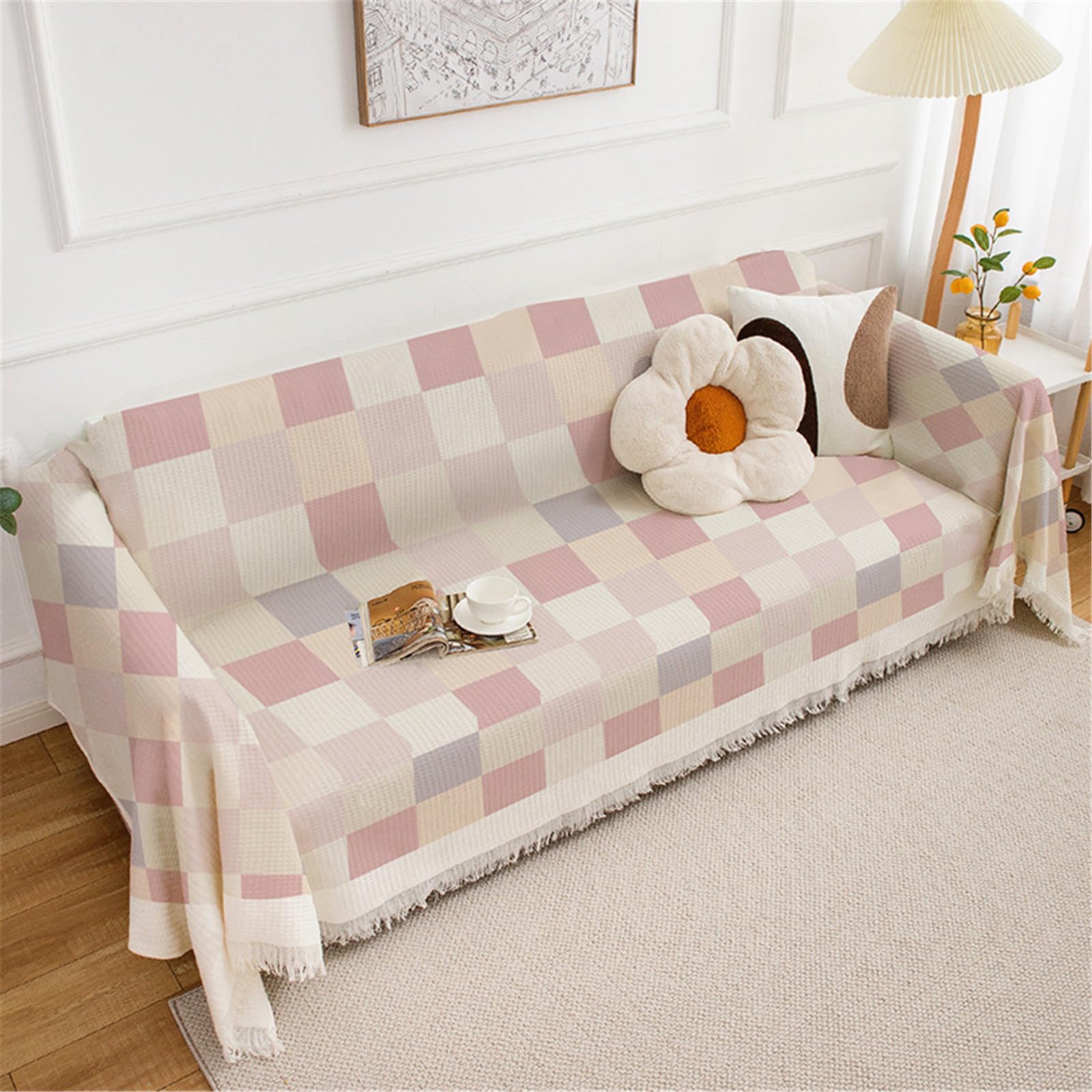 FANSU Housse de Canapé, Universel Serviette de Canapé Dessus de Lit Couverture de Canapé Housse de Protection Multifonction Décoration pour Chien Animaux (180 * 260cm,Plaid Rose)