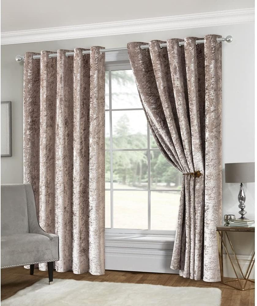 Sovereign Stone Amelia Crushed Velvet Curtains – Blackout Eyelet Curtains for Living Room / Bedroom, 66 x 90-inch, Mink, Set of 2